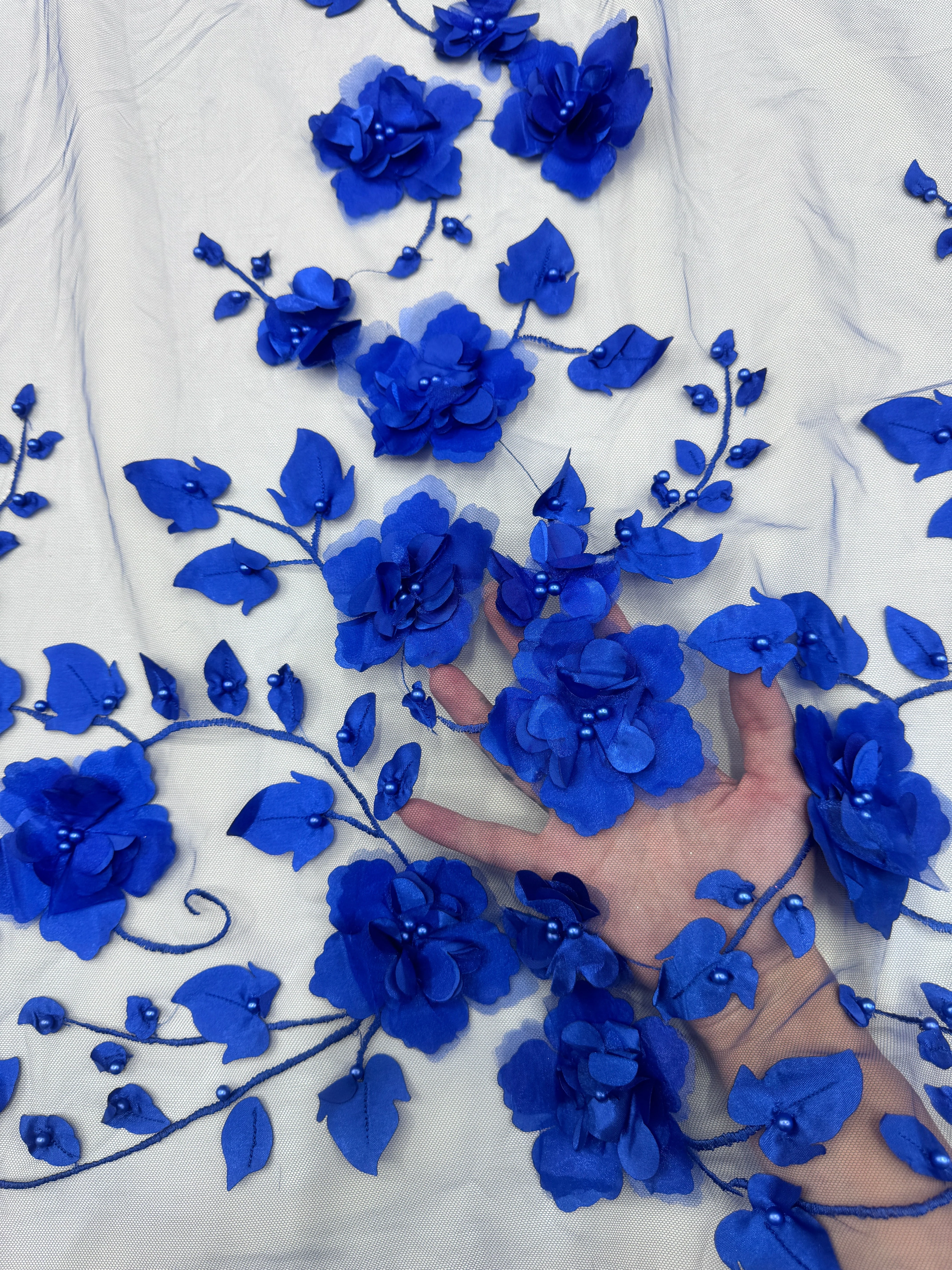 Royal Blue 3D Flower Beaded Lace Mesh - Image 4