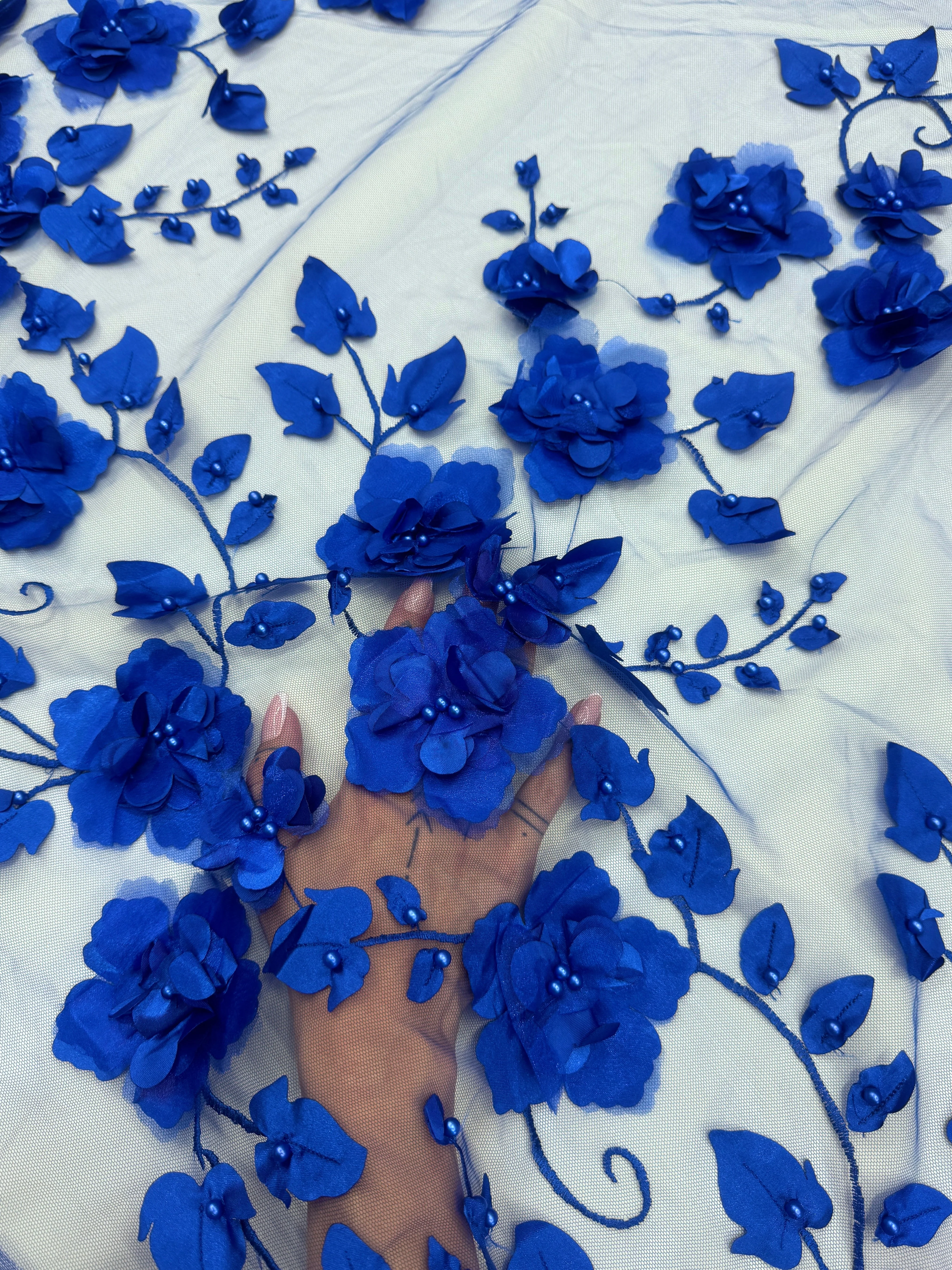 Royal Blue 3D Flower Beaded Lace Mesh - Image 5