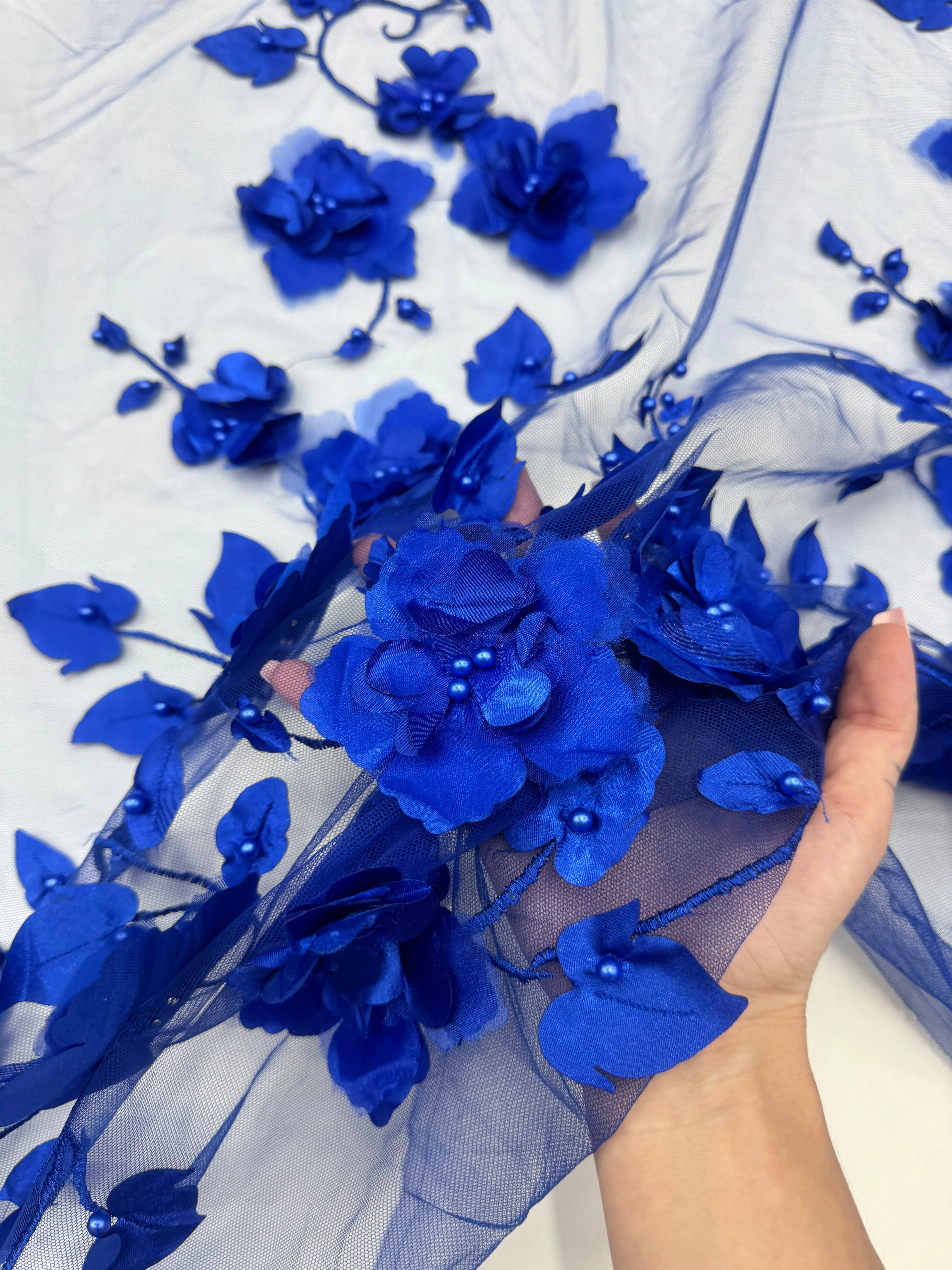 Royal Blue 3D Flower Beaded Lace Mesh - Image 8