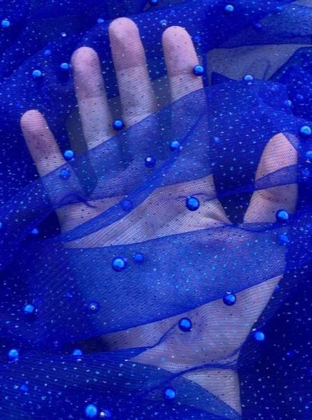 Royal Blue Pearl Beaded Glittery Mesh/Tulle