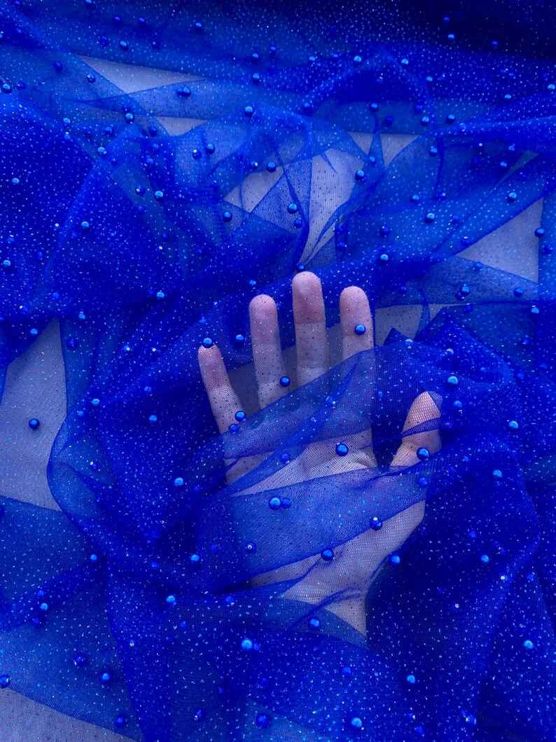 Royal Blue Pearl Beaded Glittery Mesh/Tulle - Image 2