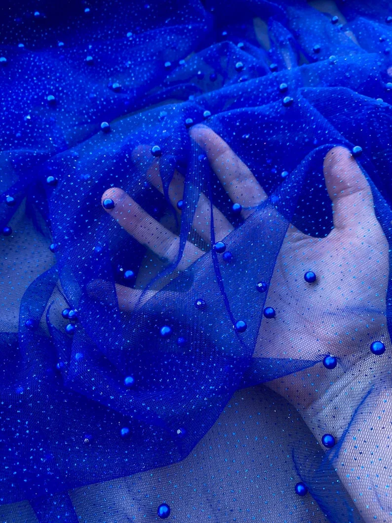 Royal Blue Pearl Beaded Glittery Mesh/Tulle - Image 3