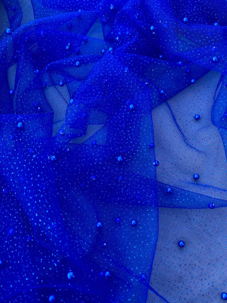 Royal Blue Pearl Beaded Glittery Mesh/Tulle - Image 4