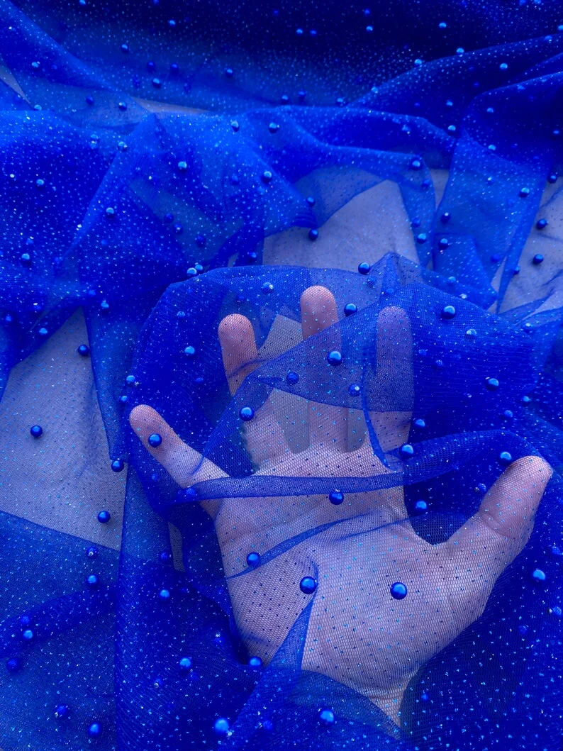 Royal Blue Pearl Beaded Glittery Mesh/Tulle - Image 5