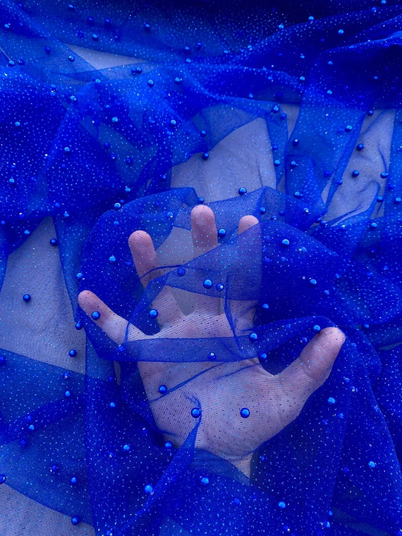 Royal Blue Pearl Beaded Glittery Mesh/Tulle - Image 6