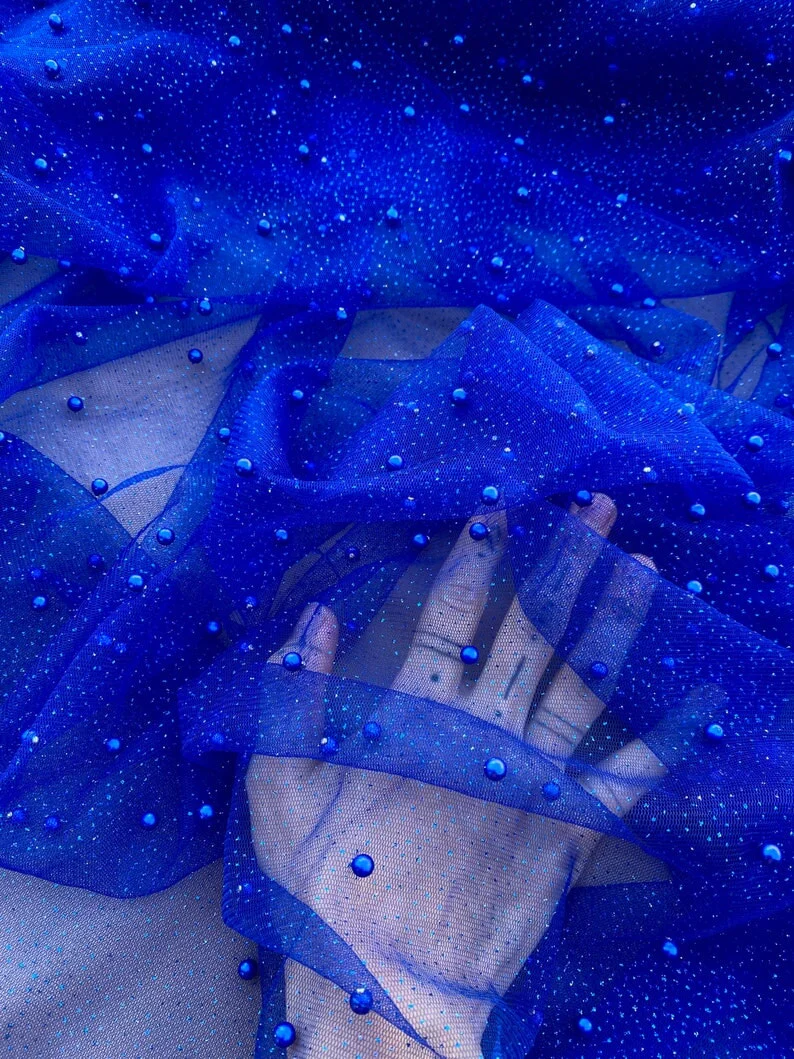 Royal Blue Pearl Beaded Glittery Mesh/Tulle - Image 7