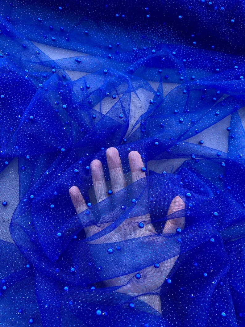 Royal Blue Pearl Beaded Glittery Mesh/Tulle - Image 8