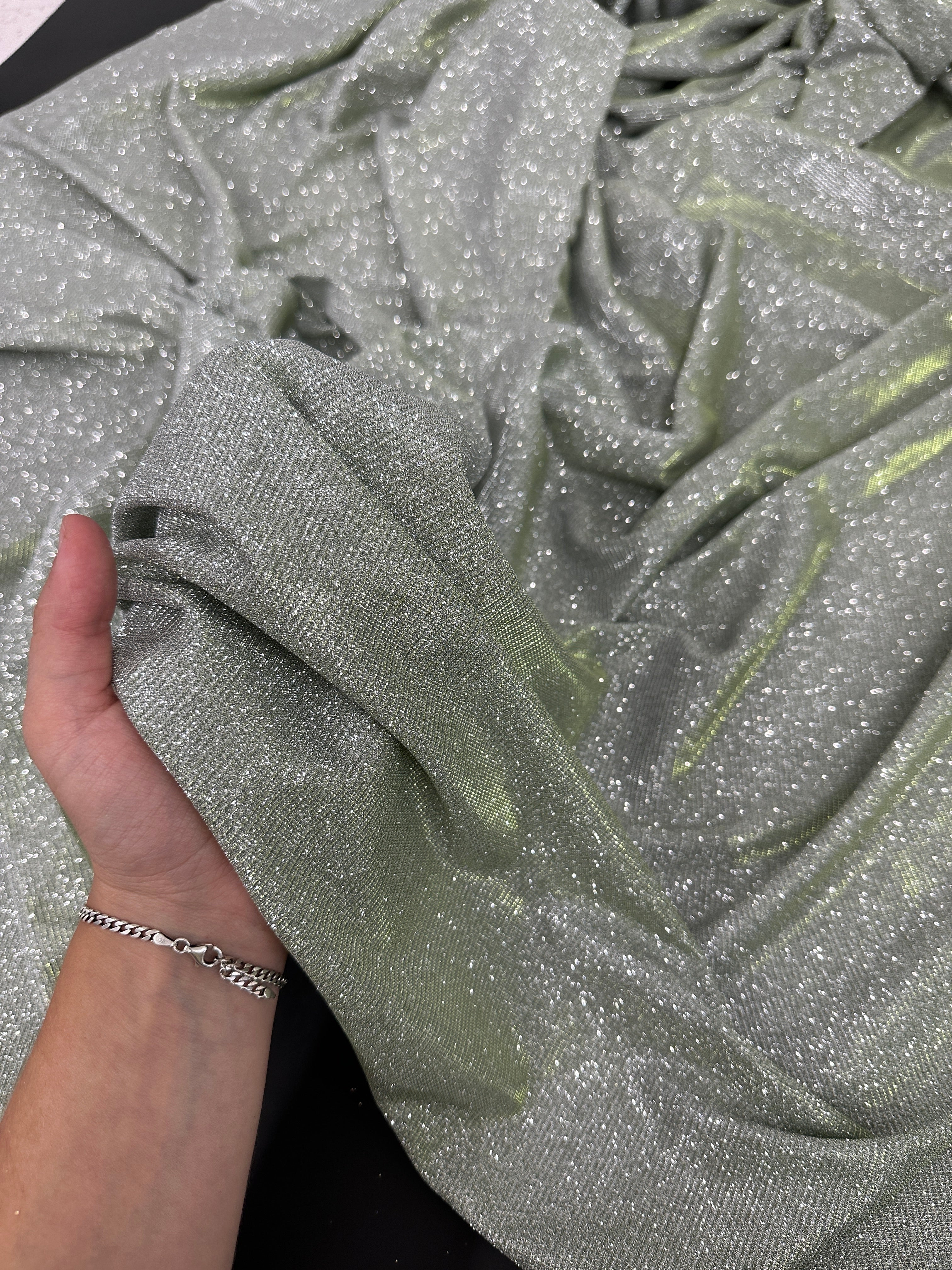 Sage Green Stretch Metallic Lurex - Image 6