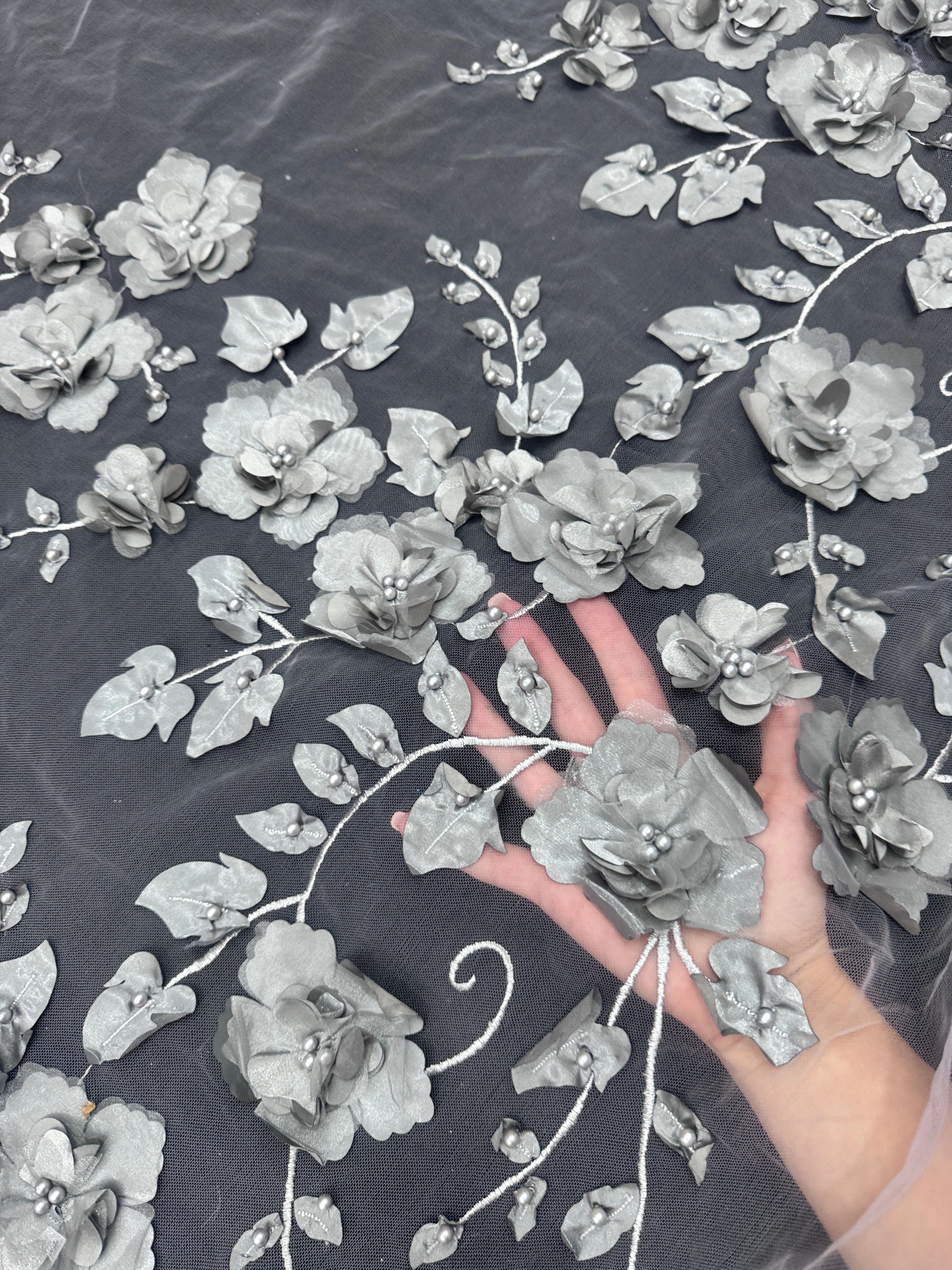 Silver 3D Flower Beaded Lace Mesh