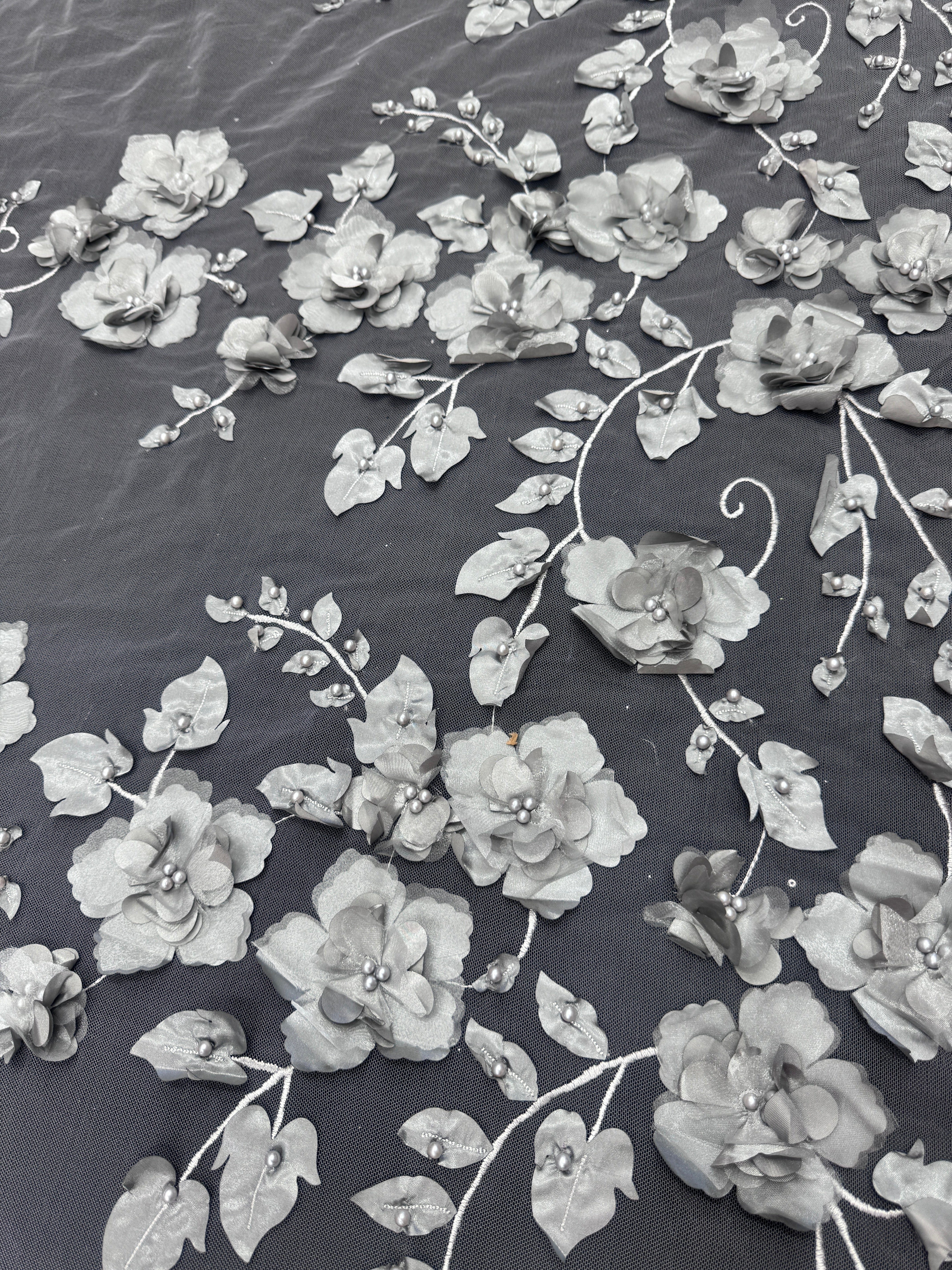 Silver 3D Flower Beaded Lace Mesh - Image 2