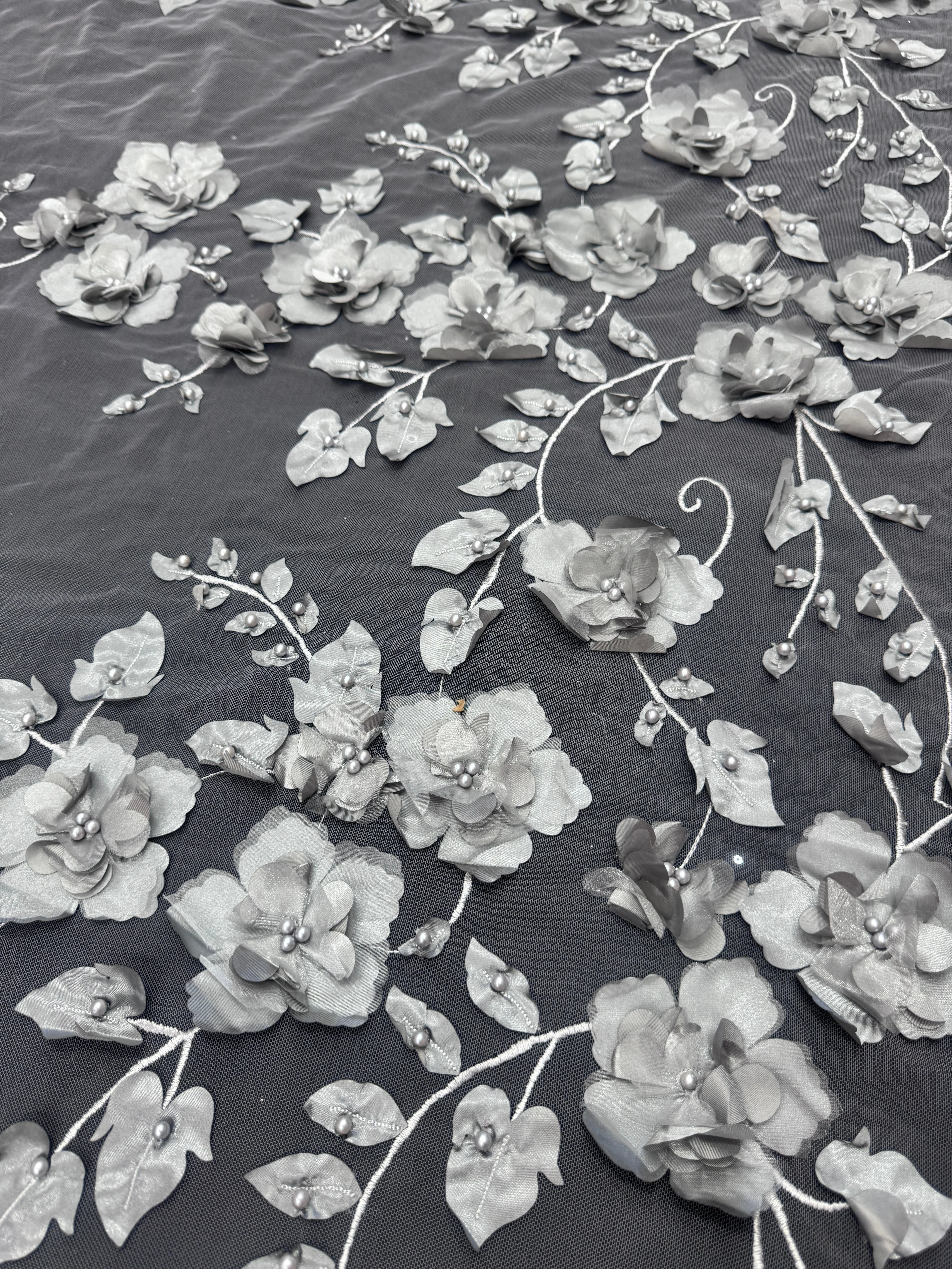 Silver 3D Flower Beaded Lace Mesh - Image 3