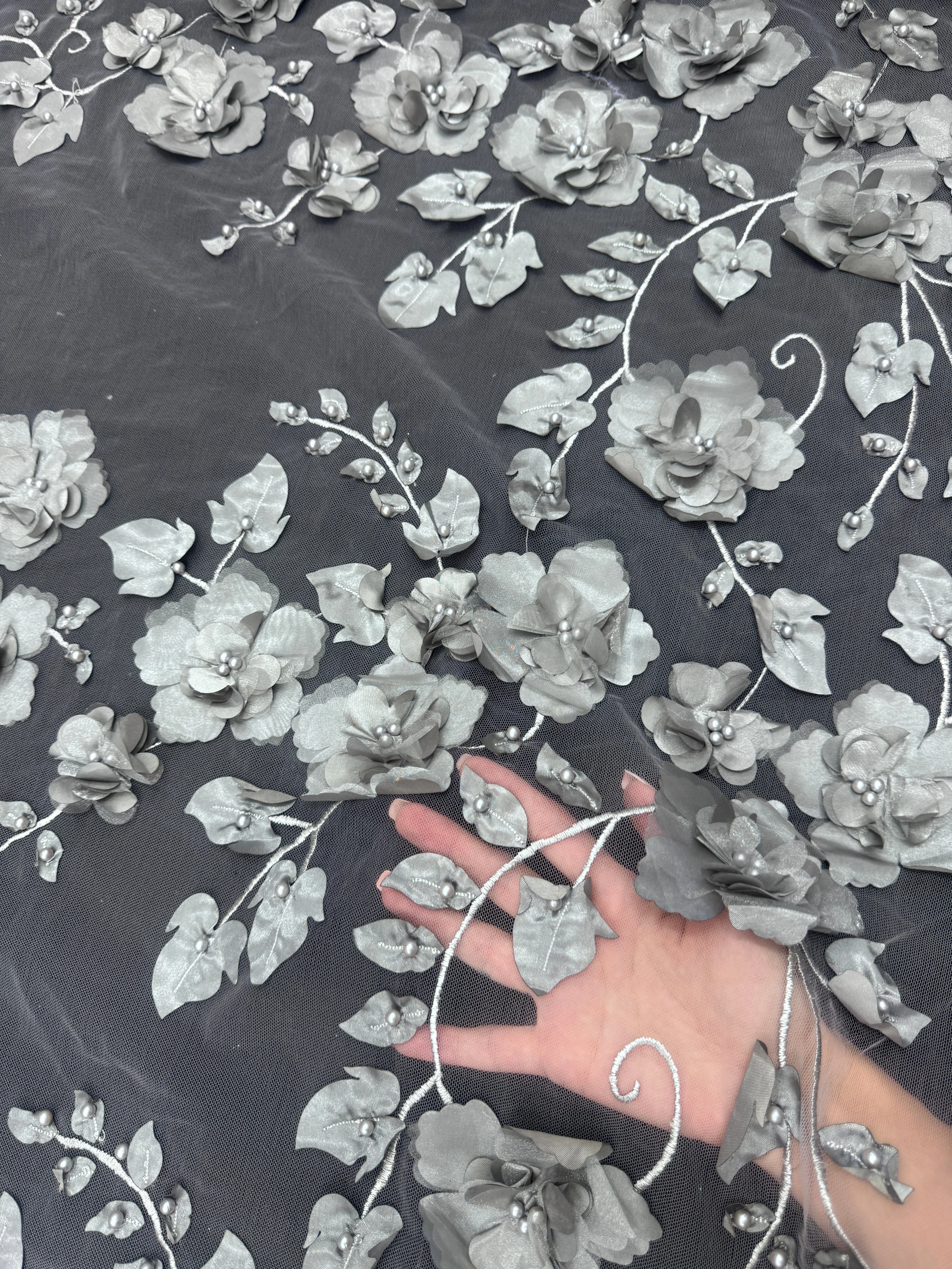Silver 3D Flower Beaded Lace Mesh - Image 6