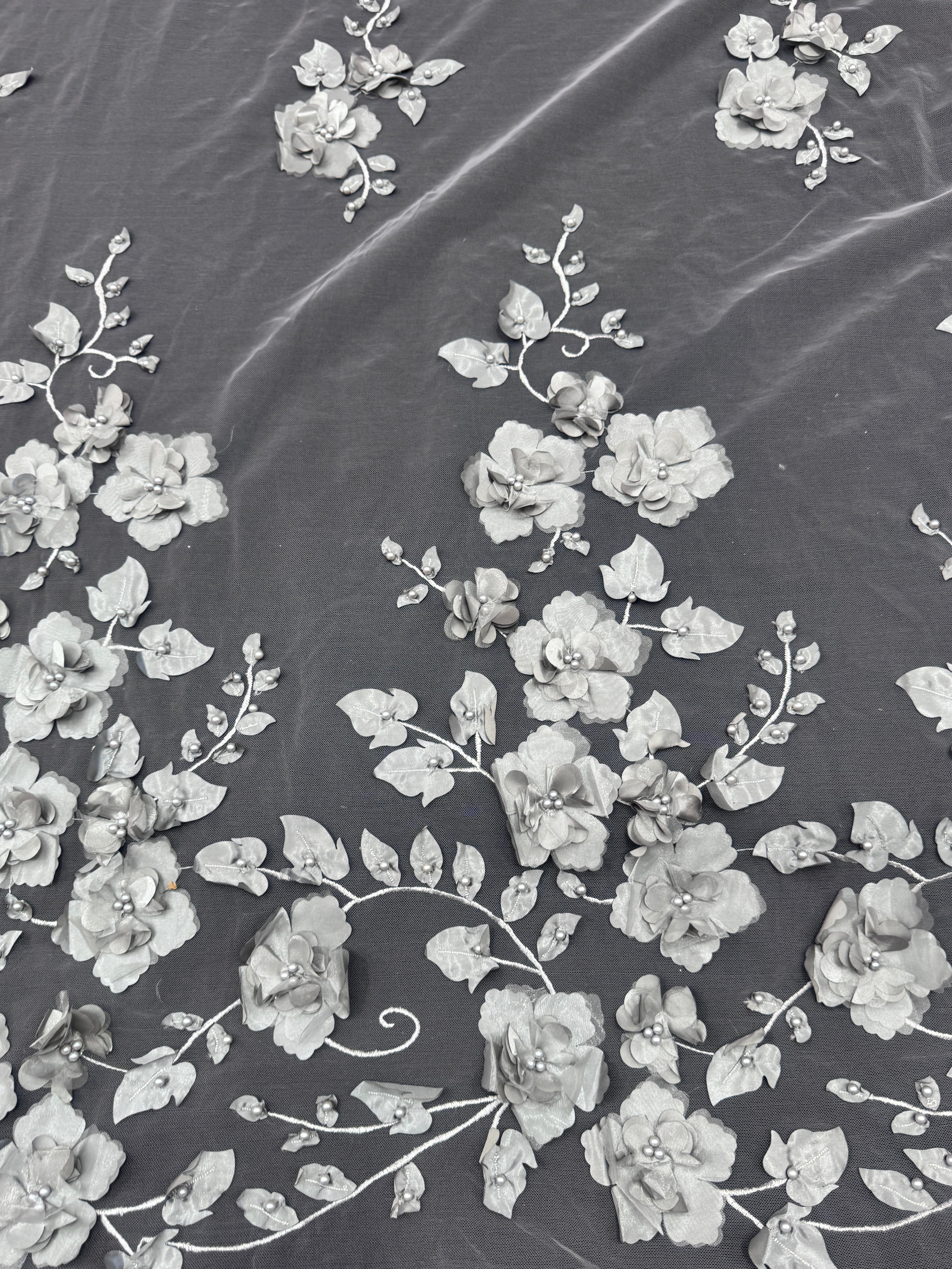 Silver 3D Flower Beaded Lace Mesh - Image 7