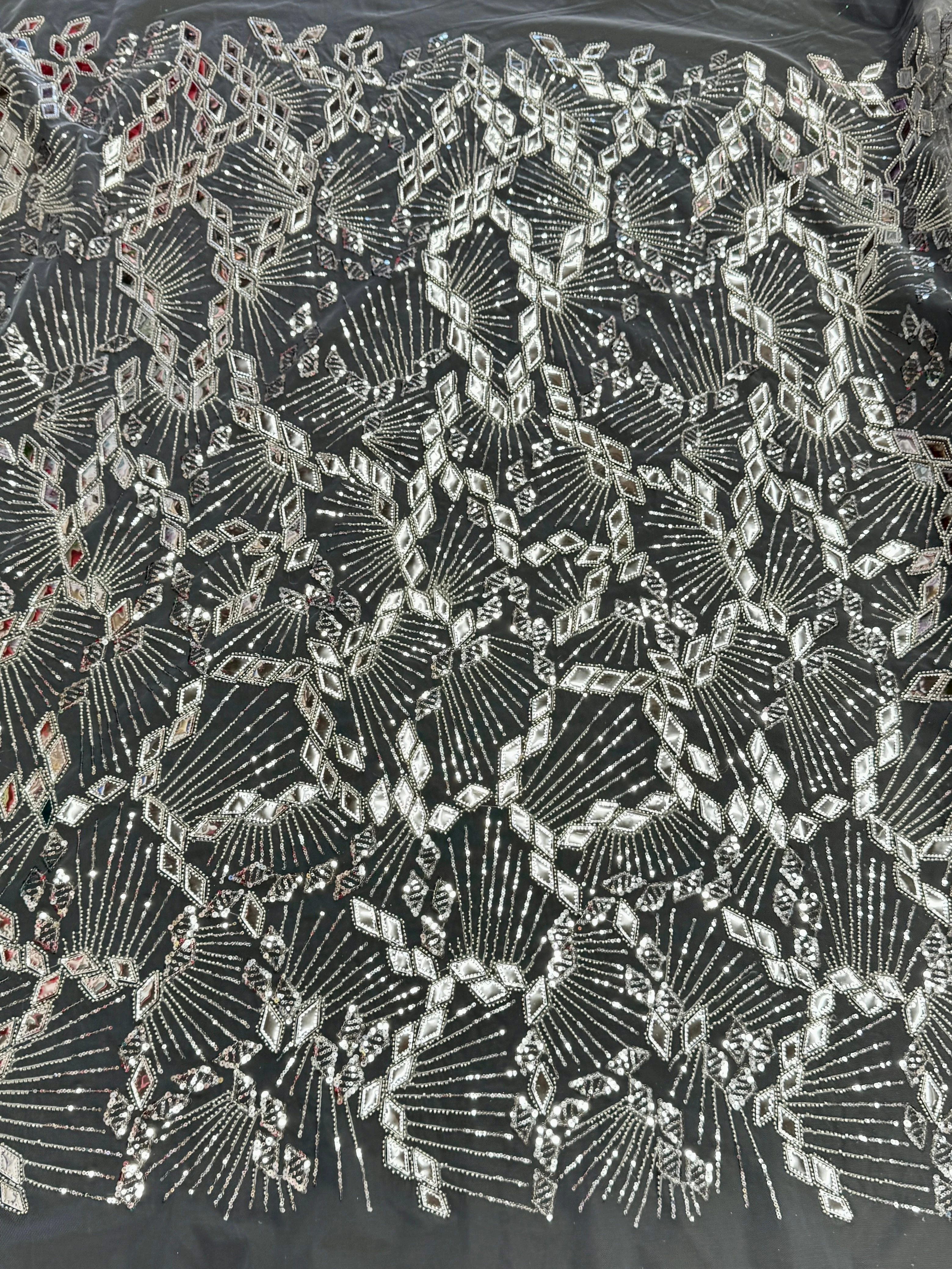 Silver Art Deco Mirror Sequin Lace - Image 2