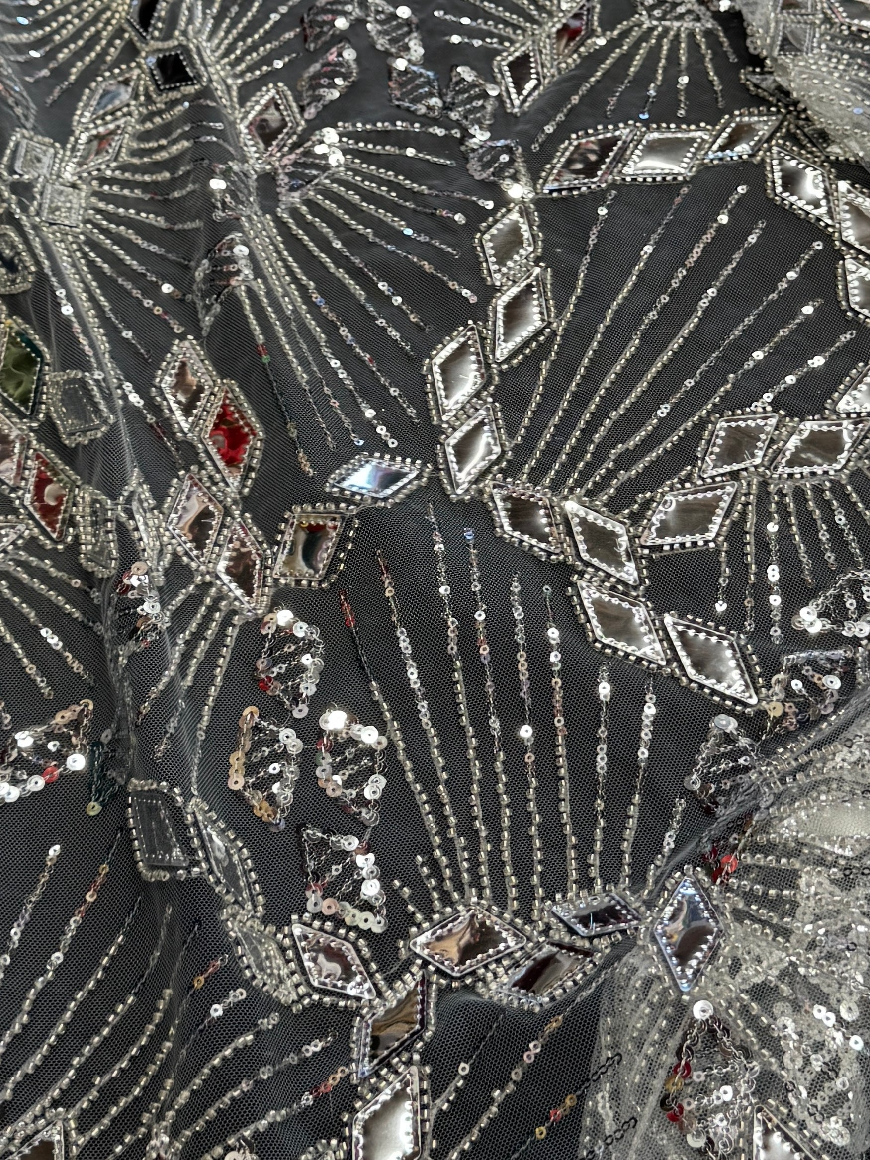 Silver Art Deco Mirror Sequin Lace - Image 4