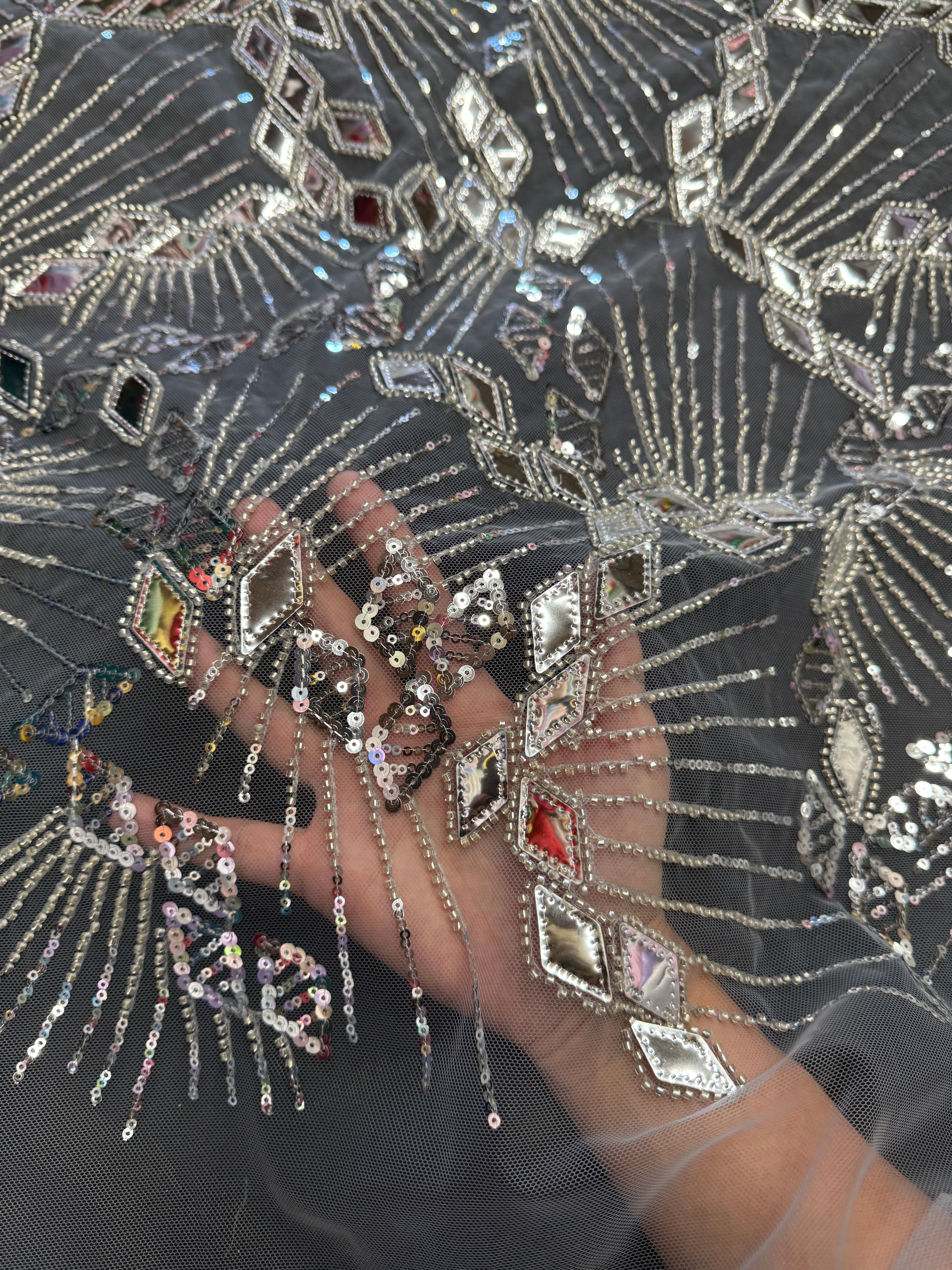 Silver Art Deco Mirror Sequin Lace - Image 8