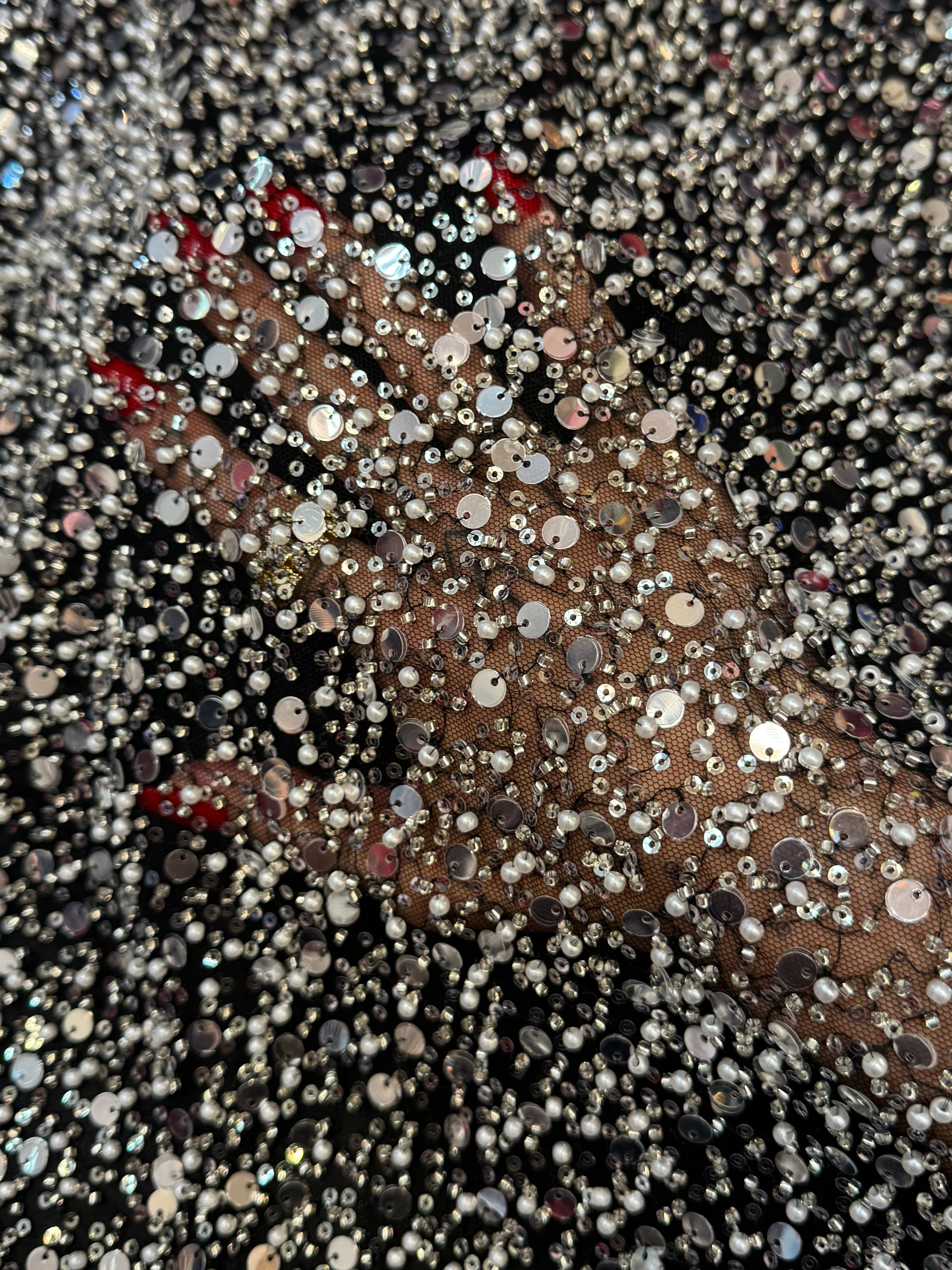 Silver Beaded Sequin Pearl Embroidered Mesh Lace