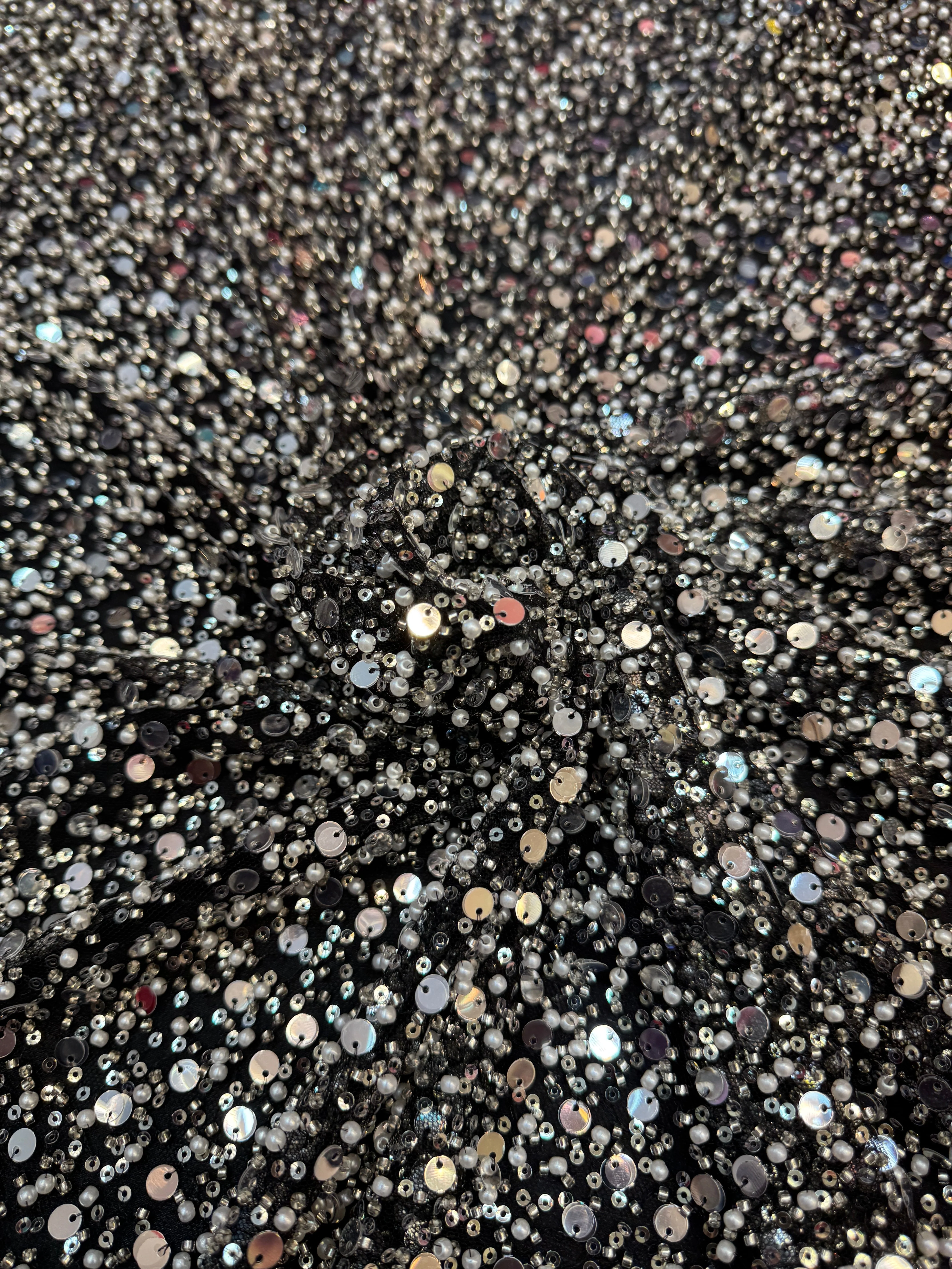Silver Beaded Sequin Pearl Embroidered Mesh Lace - Image 3