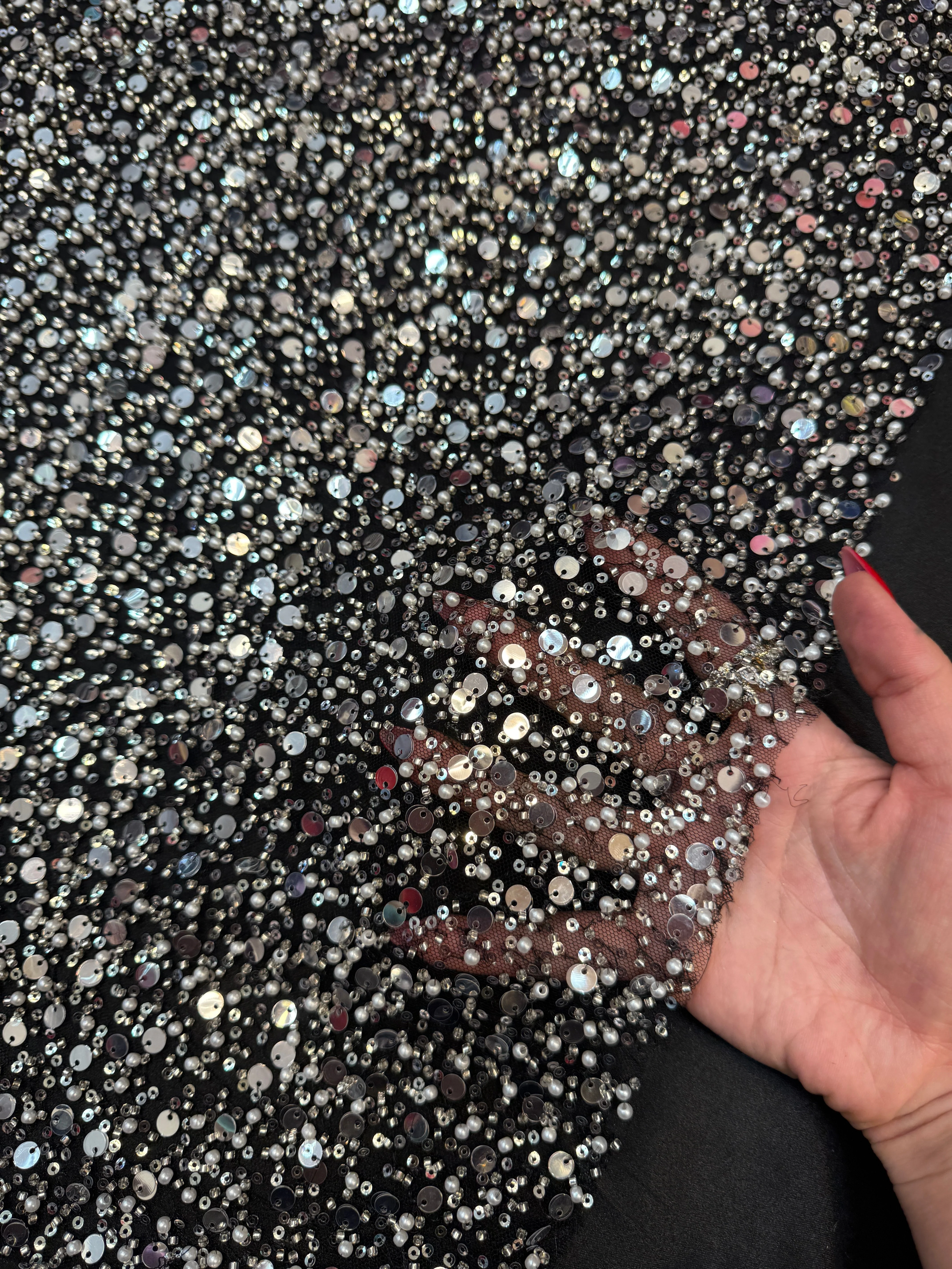 Silver Beaded Sequin Pearl Embroidered Mesh Lace - Image 8