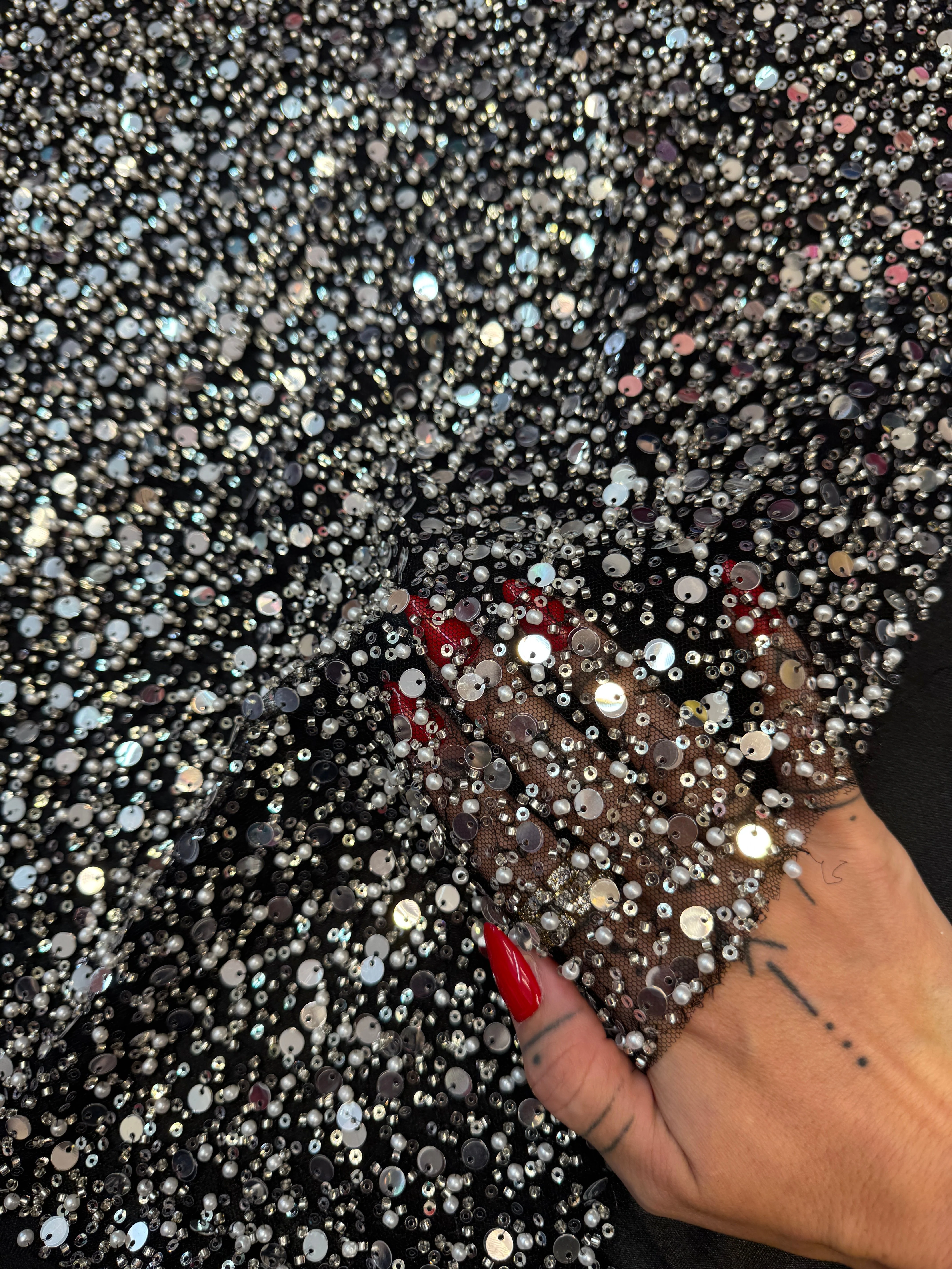 Silver Beaded Sequin Pearl Embroidered Mesh Lace - Image 9