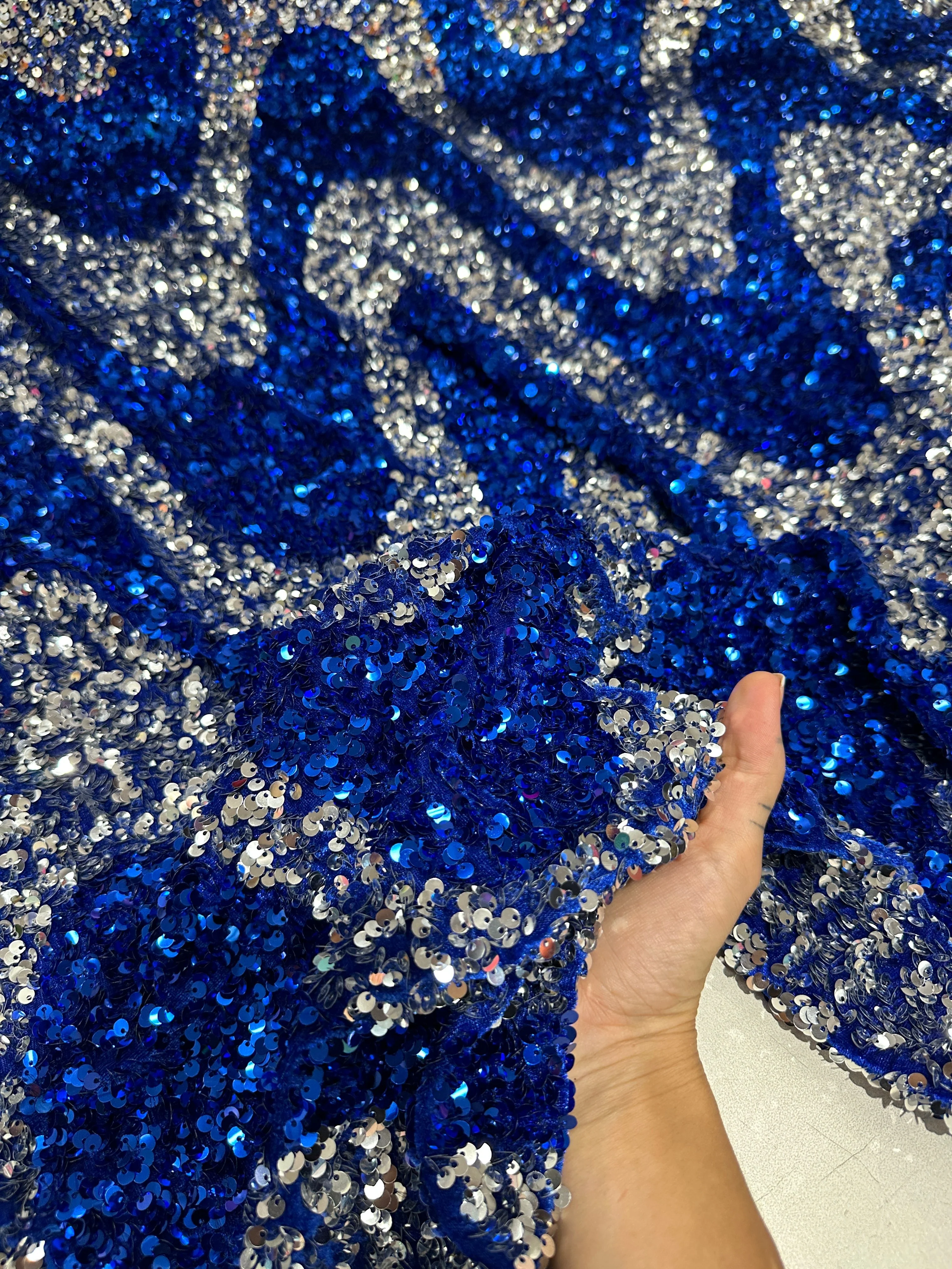 Silver Blue Embroidered Wave Design Sequin on Velvet - Image 2