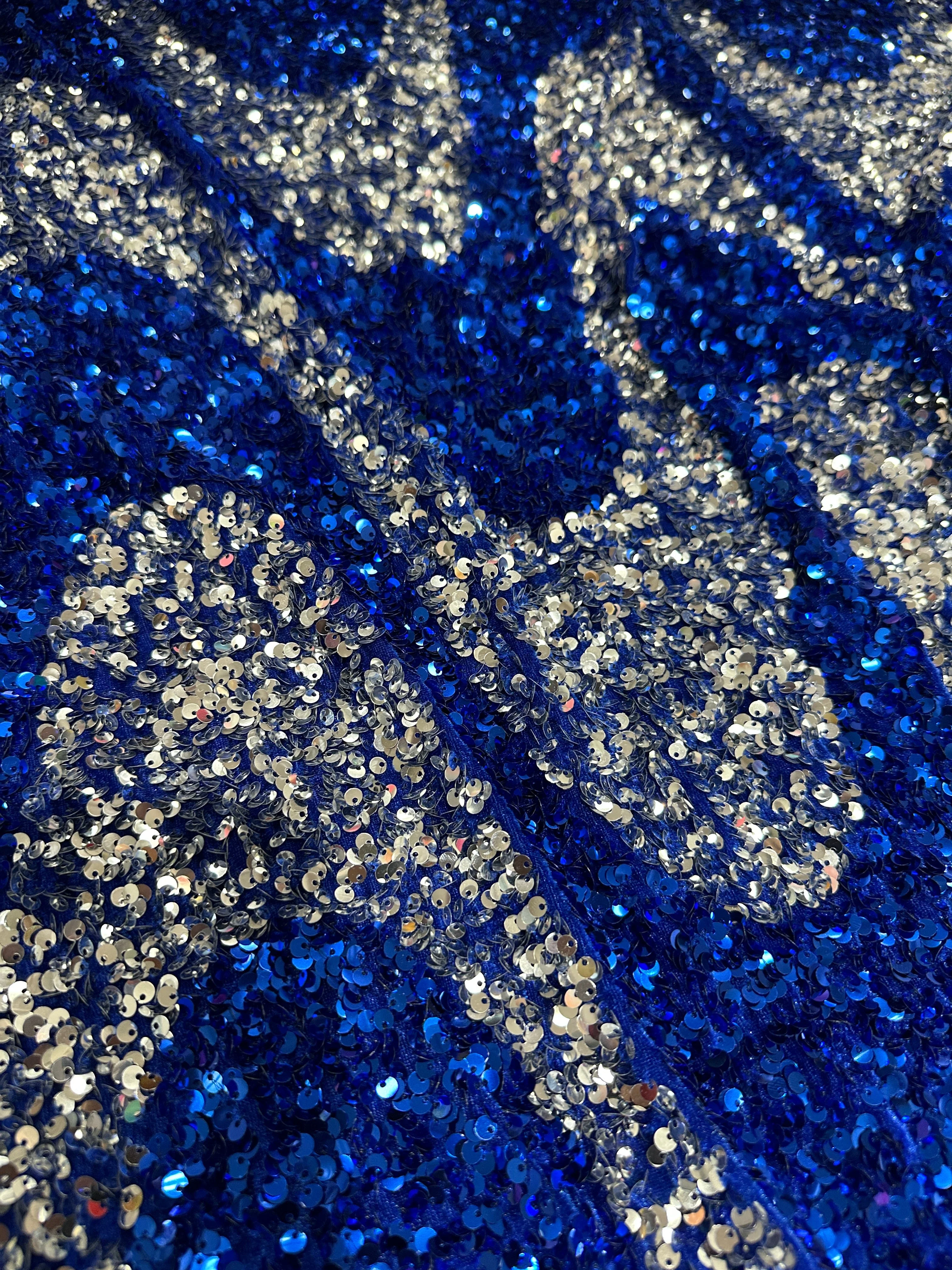 Silver Blue Embroidered Wave Design Sequin on Velvet - Image 5