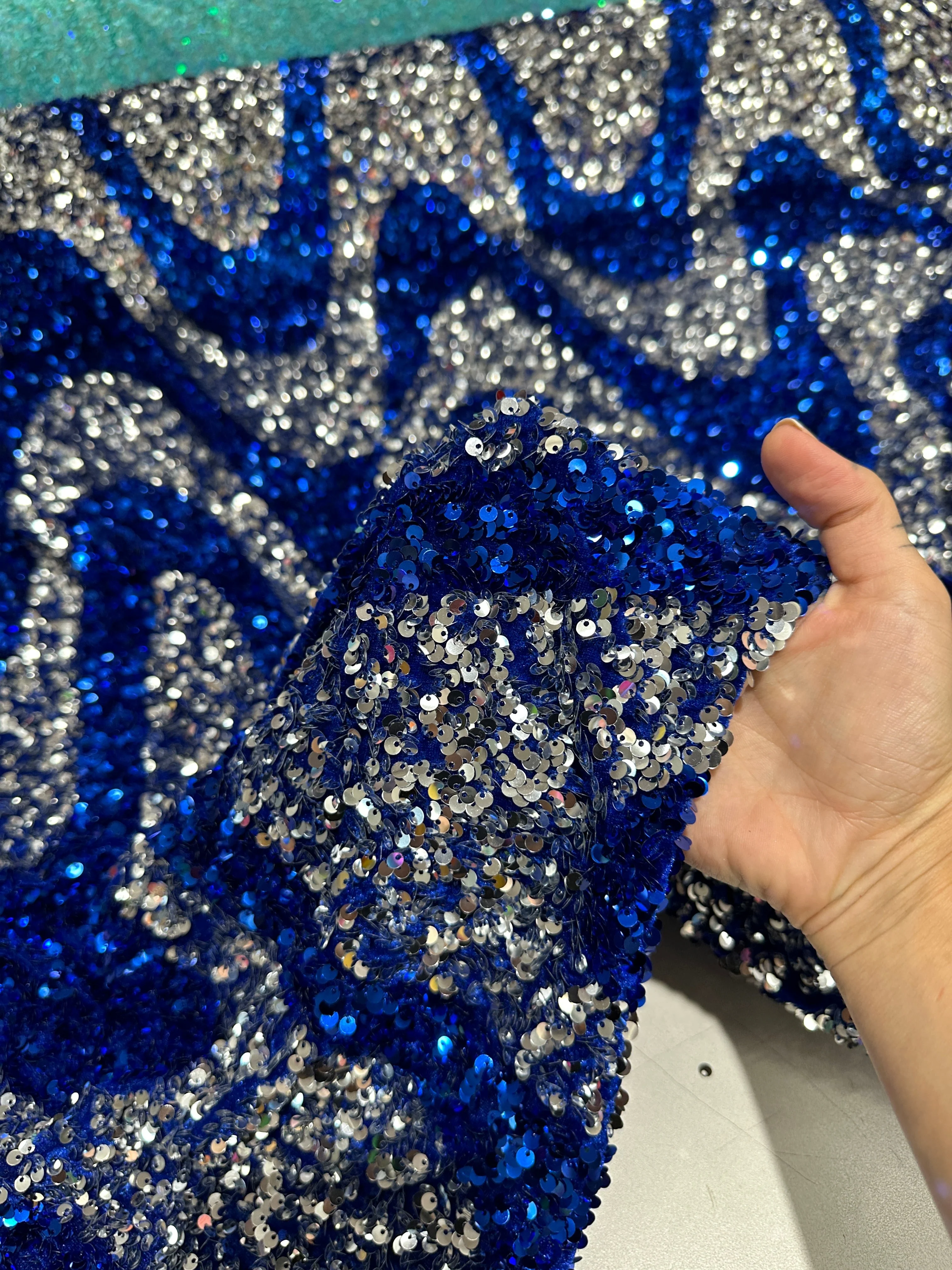 Silver Blue Embroidered Wave Design Sequin on Velvet - Image 8