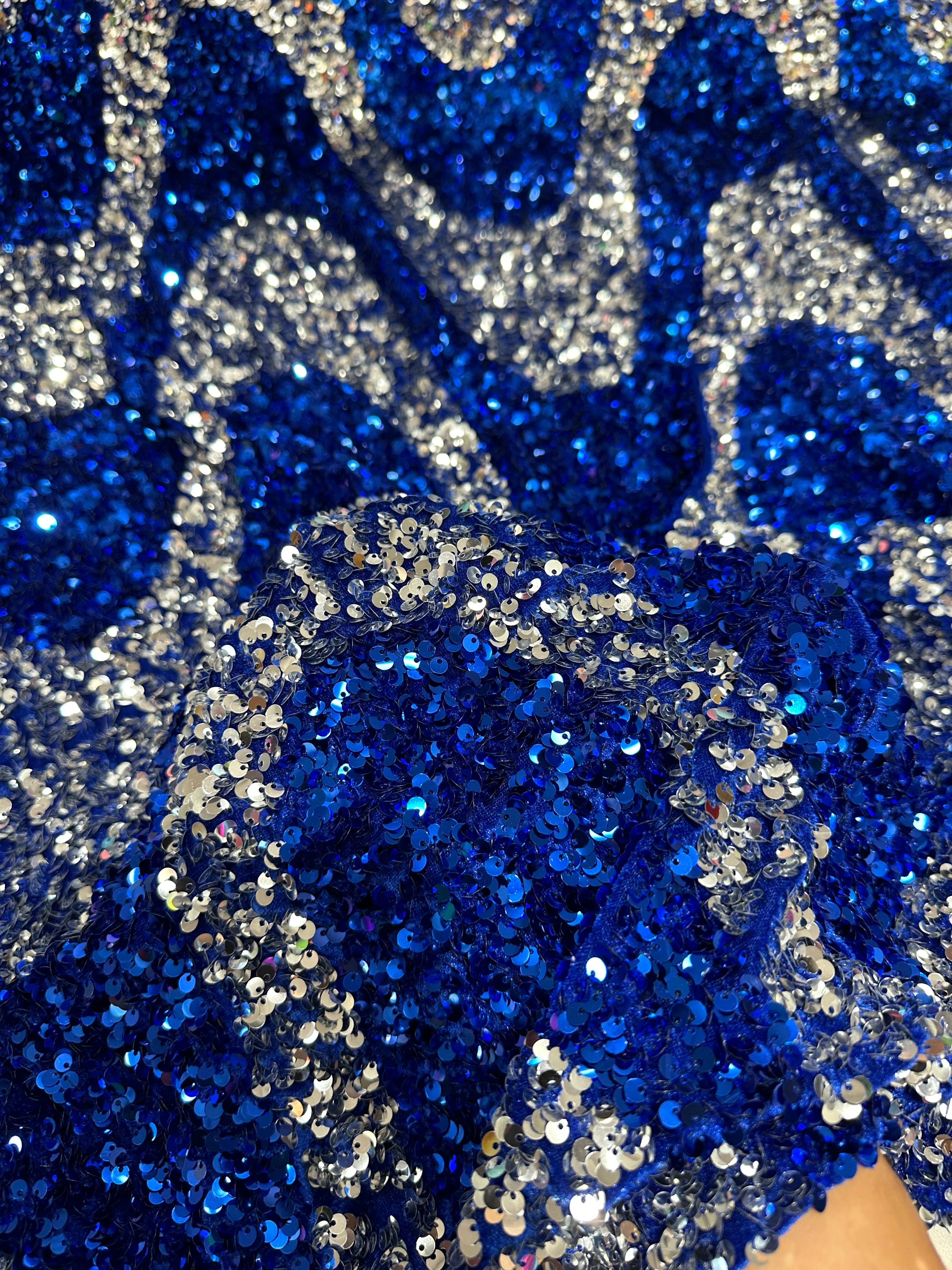 Silver Blue Embroidered Wave Design Sequin on Velvet - Image 9