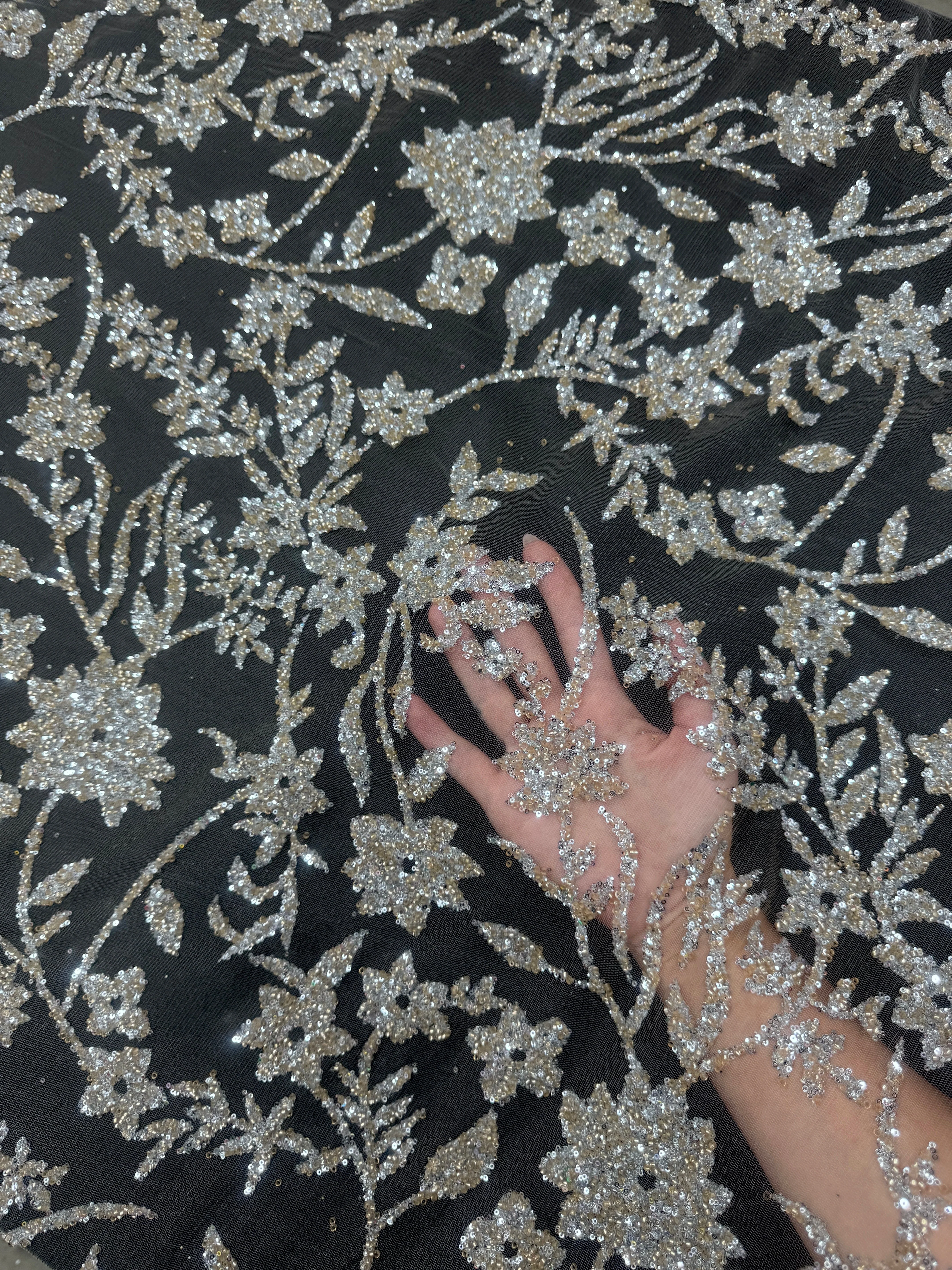 Silver Champagne Floral Beaded Lace