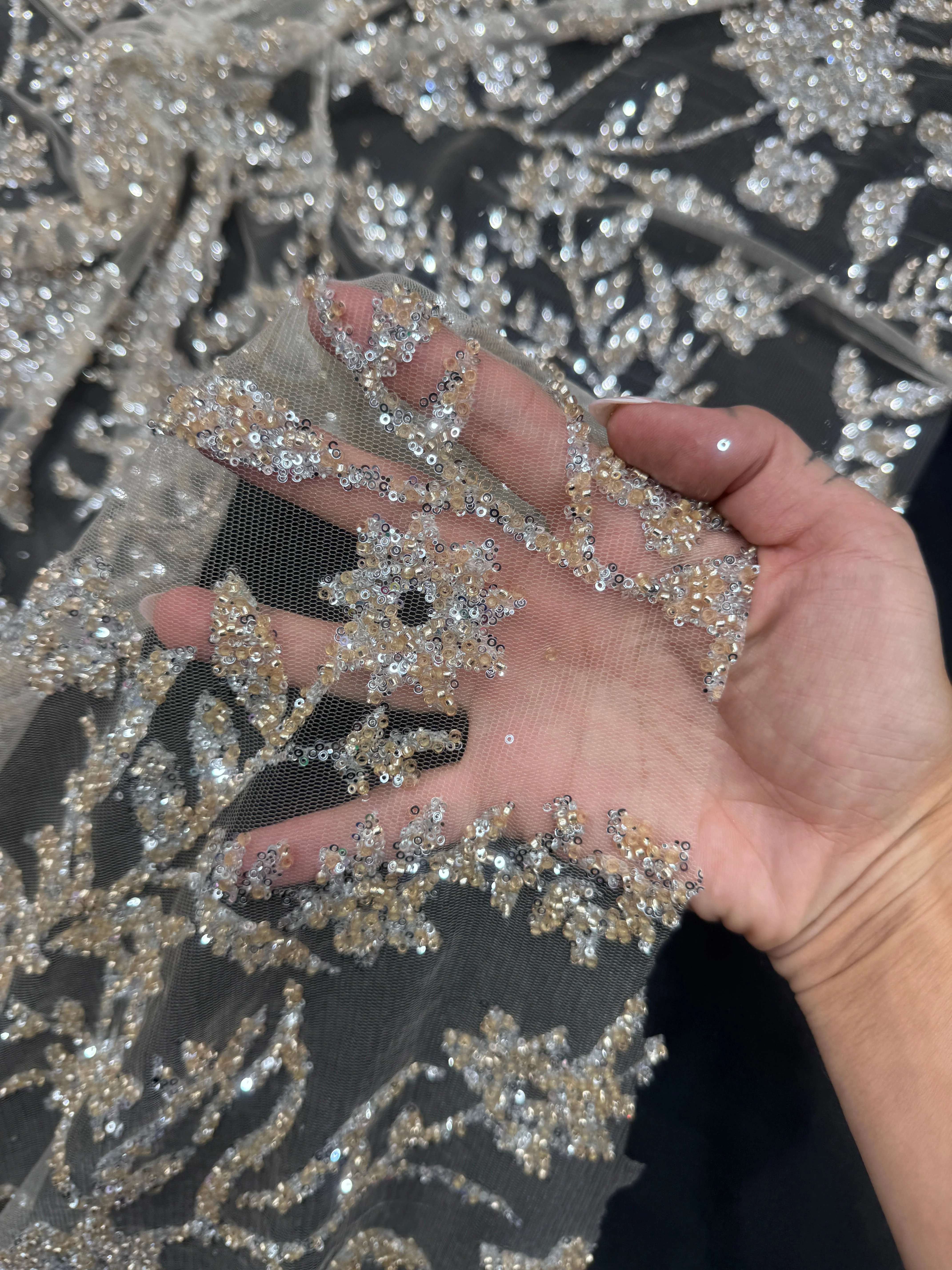 Silver Champagne Floral Beaded Lace - Image 10