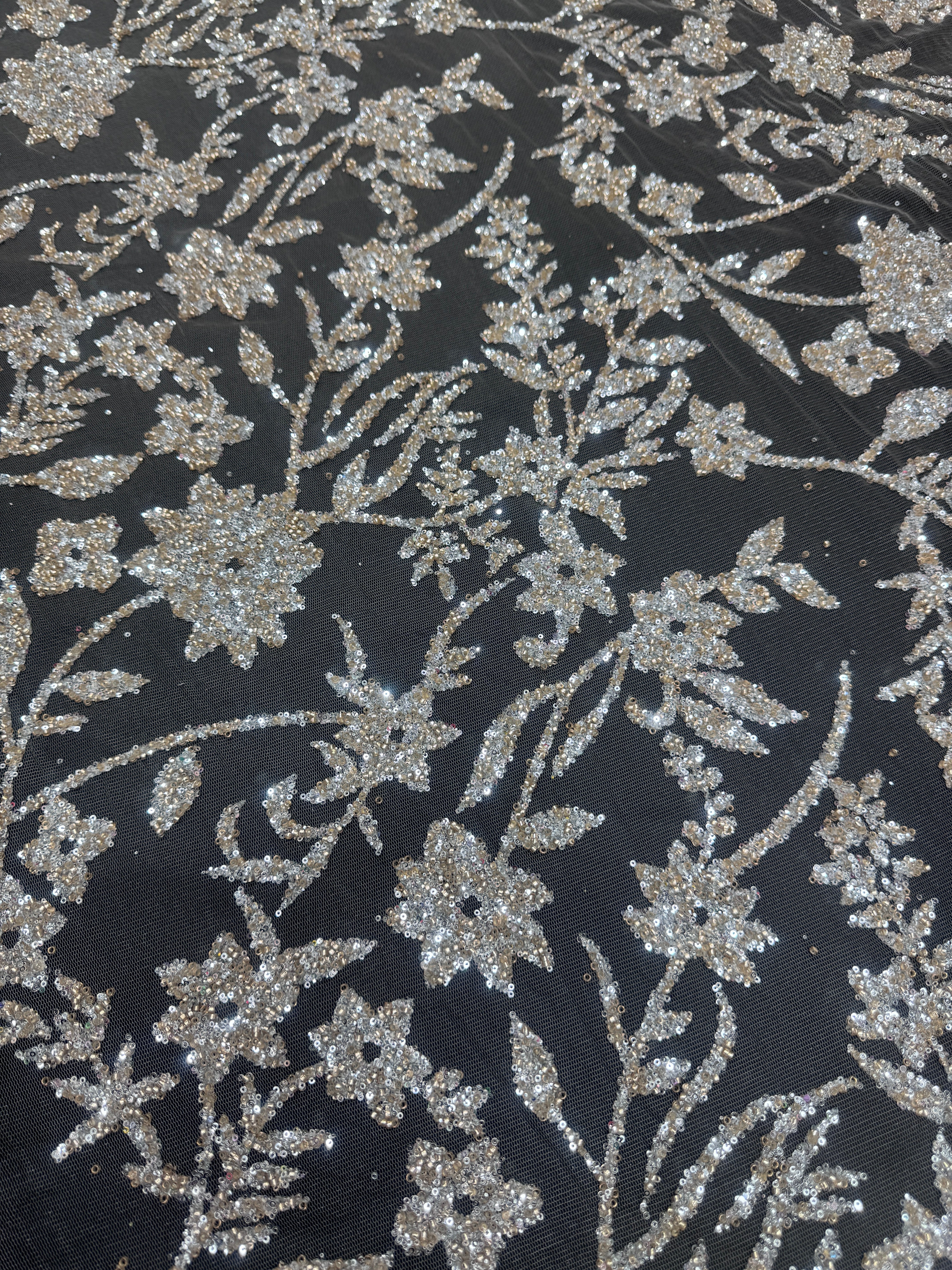 Silver Champagne Floral Beaded Lace - Image 4