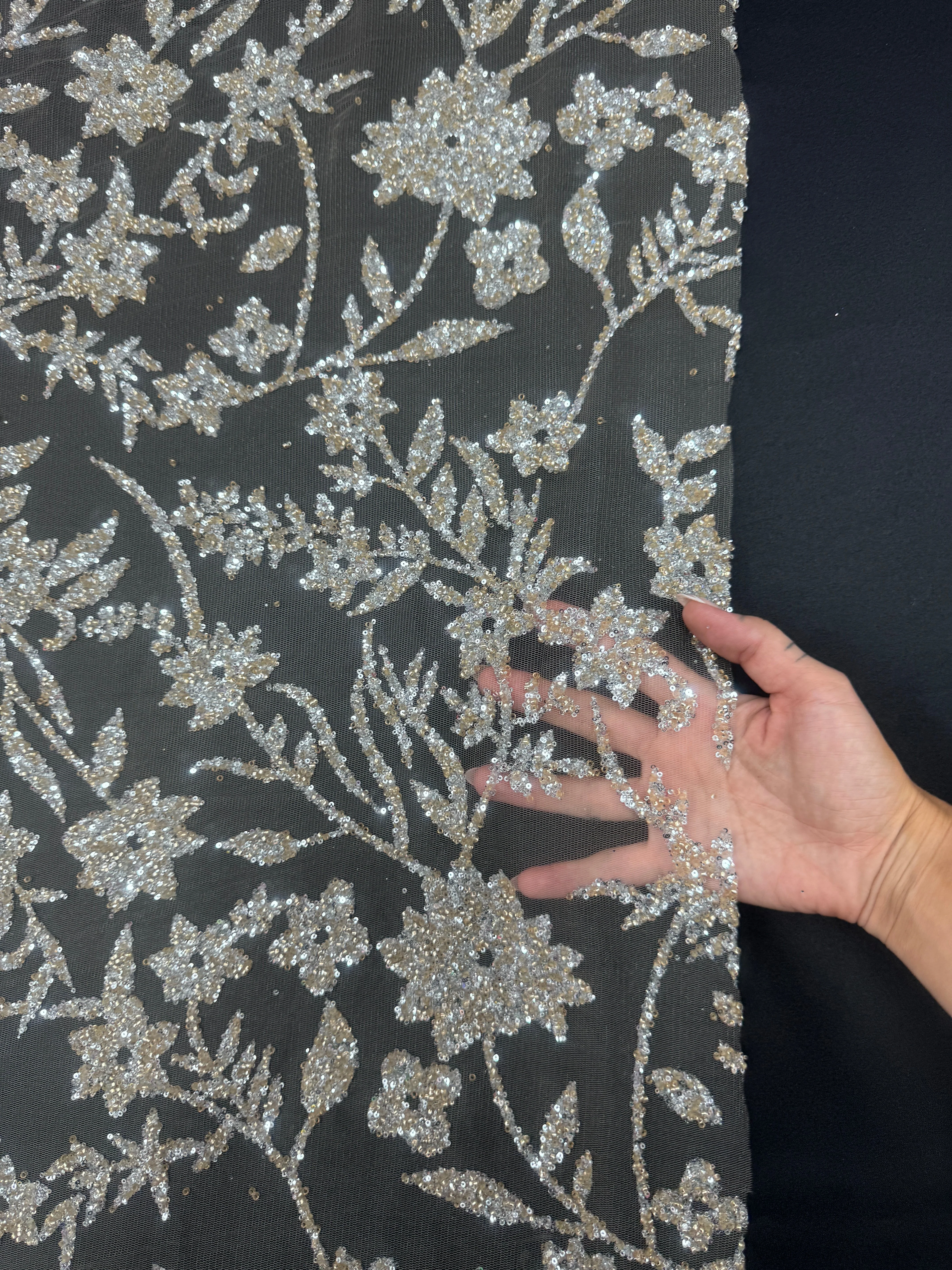 Silver Champagne Floral Beaded Lace - Image 5