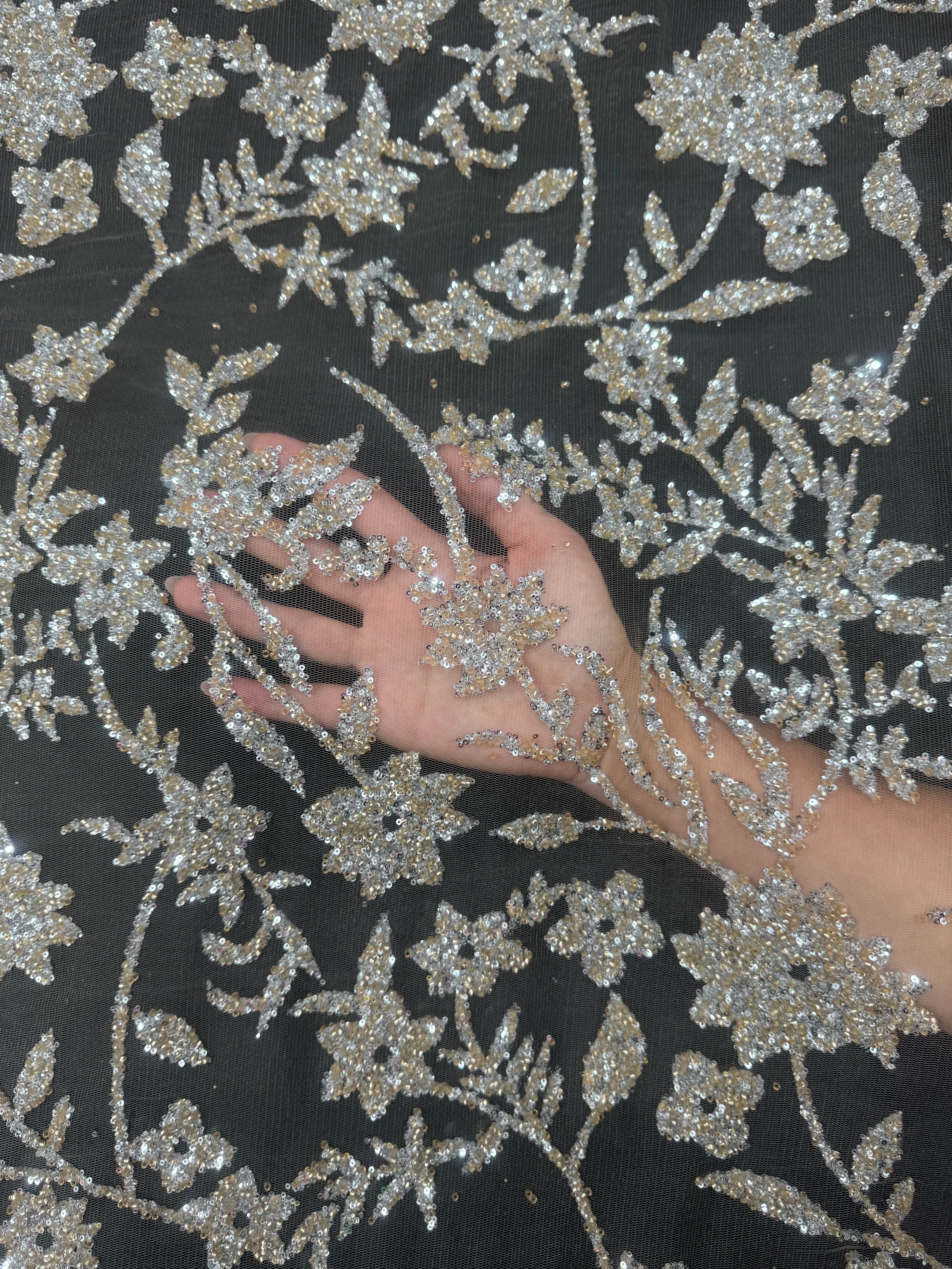 Silver Champagne Floral Beaded Lace - Image 6