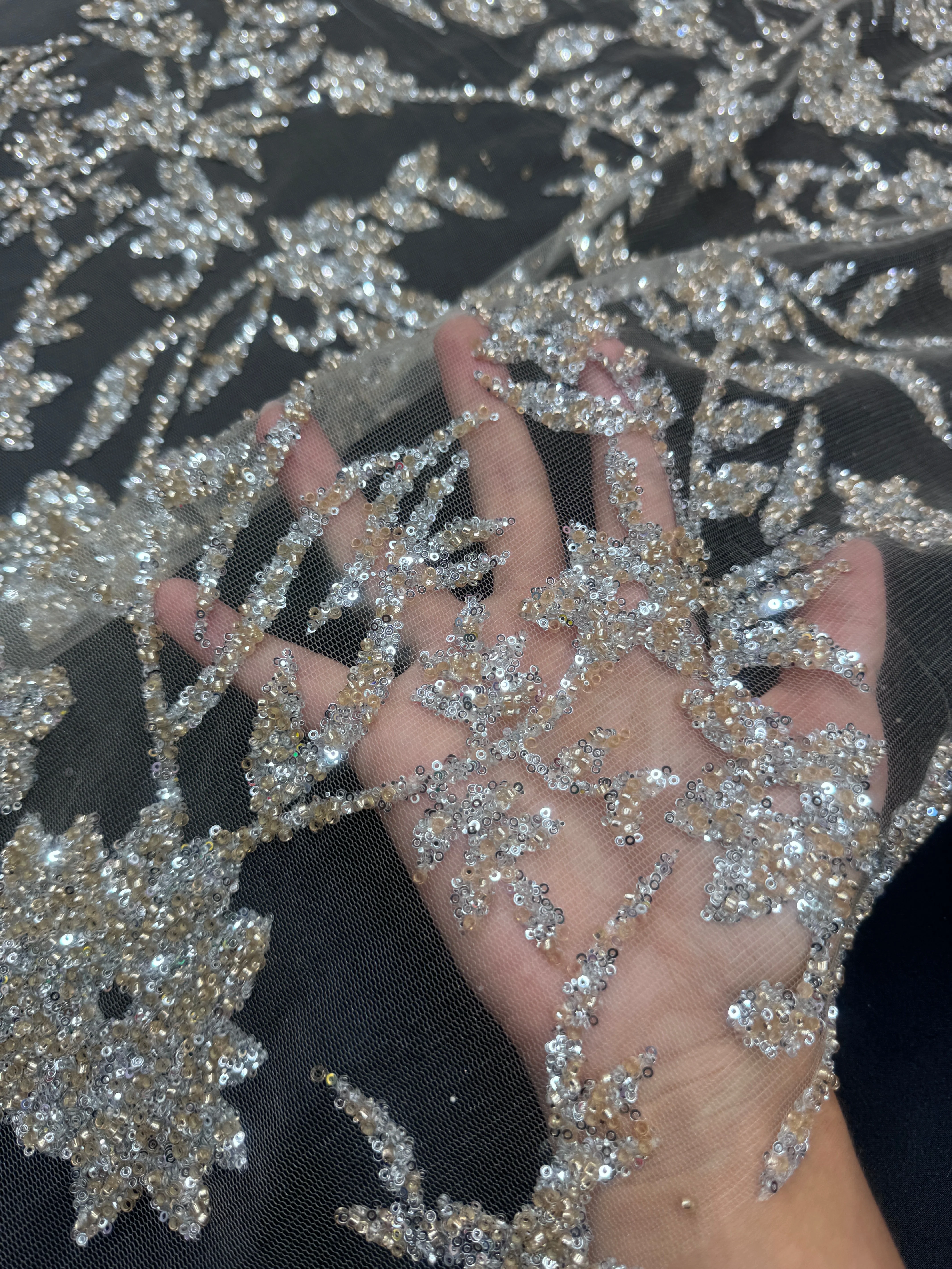 Silver Champagne Floral Beaded Lace - Image 7