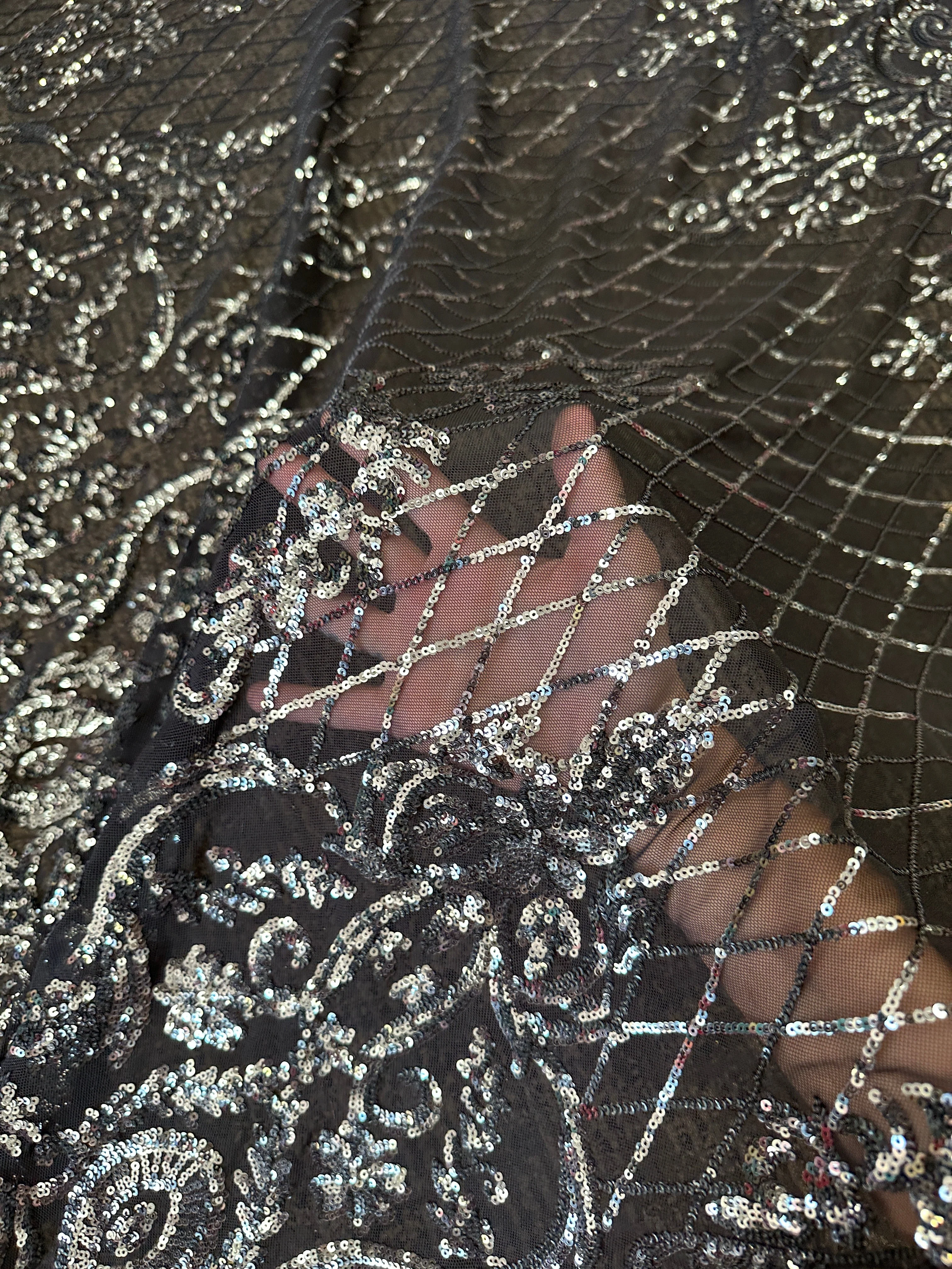 Silver Embroidered Sequin On Black Mesh Lace - Image 10