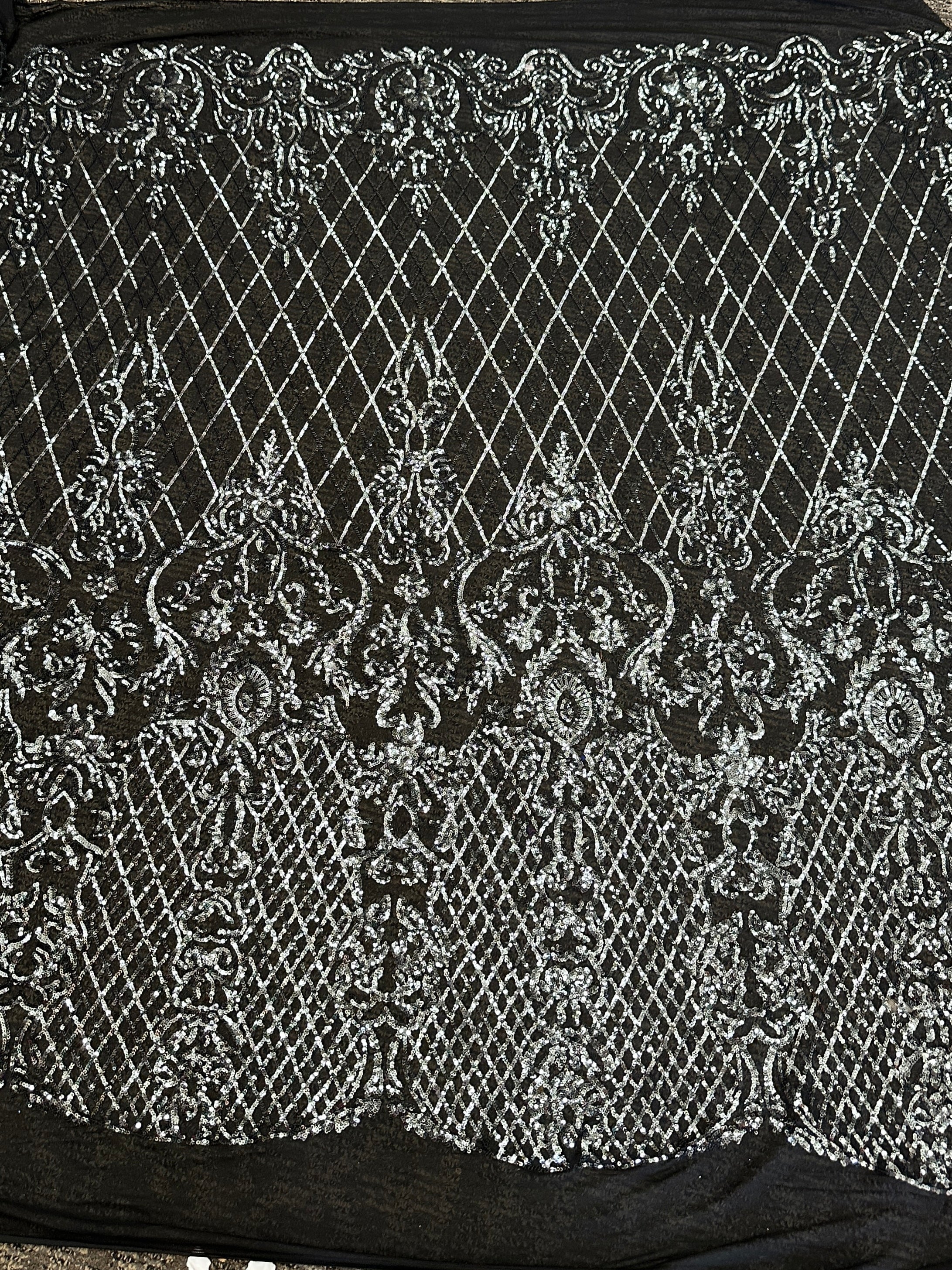Silver Embroidered Sequin On Black Mesh Lace - Image 3