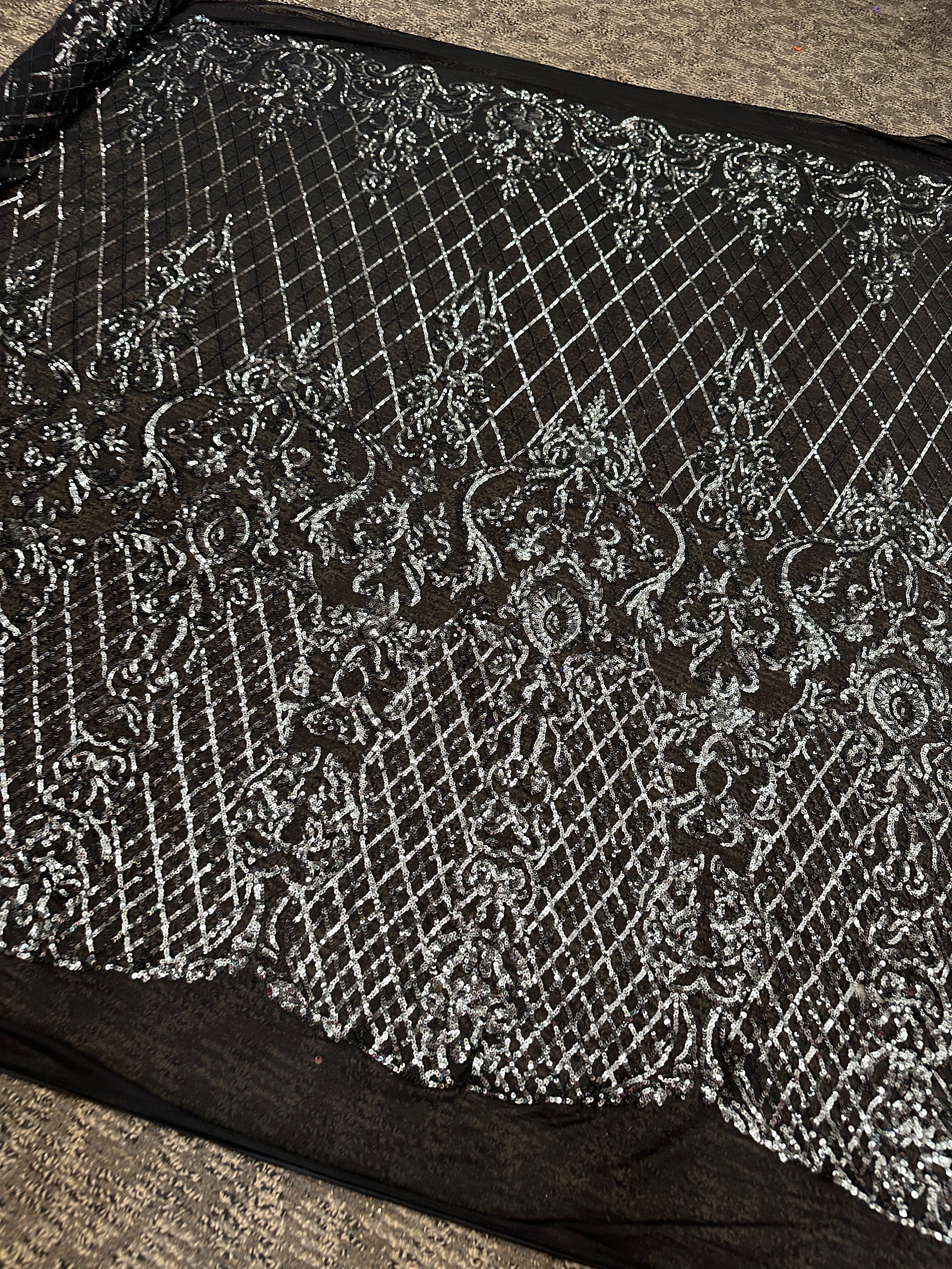 Silver Embroidered Sequin On Black Mesh Lace - Image 4