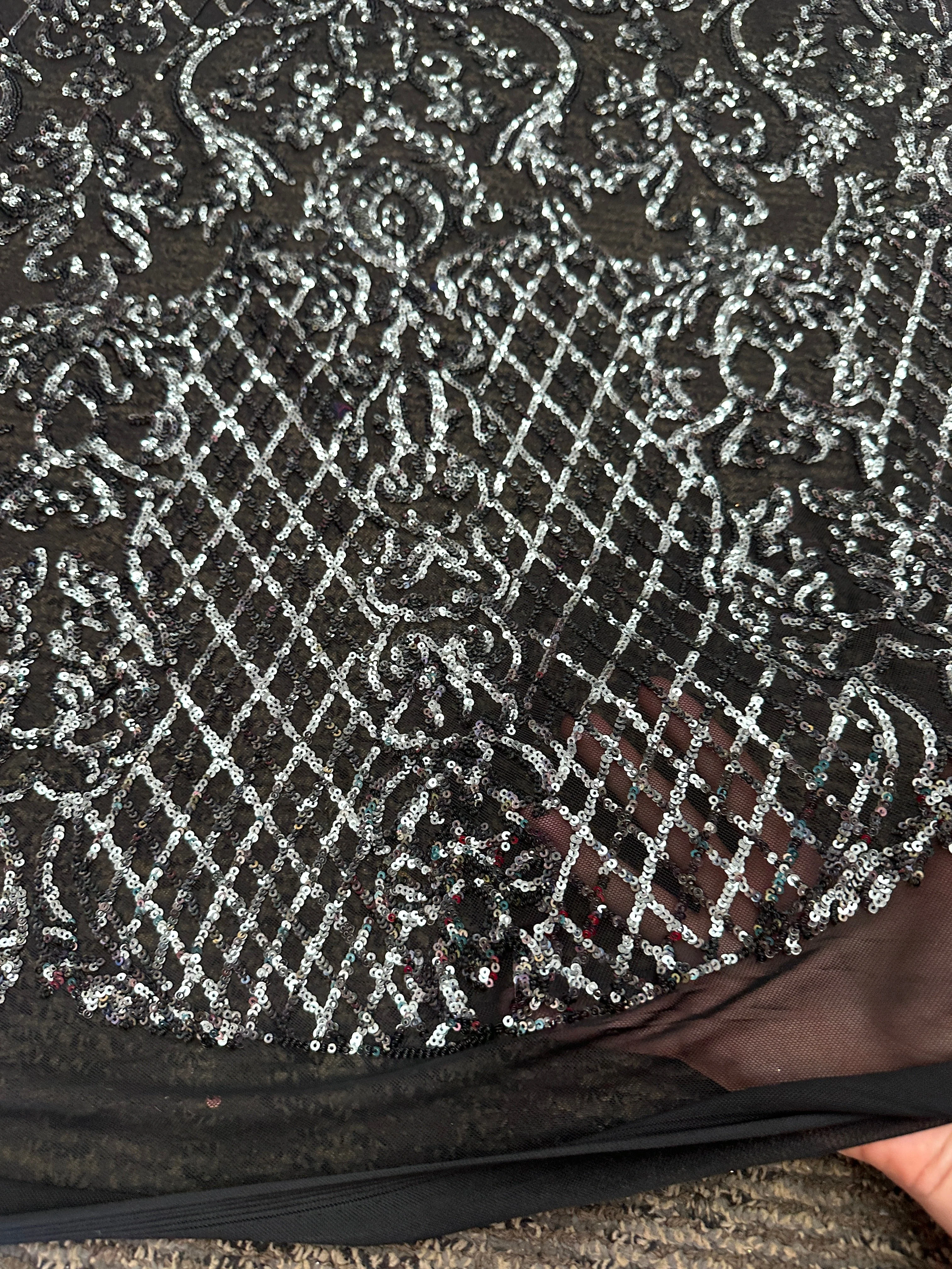 Silver Embroidered Sequin On Black Mesh Lace - Image 5