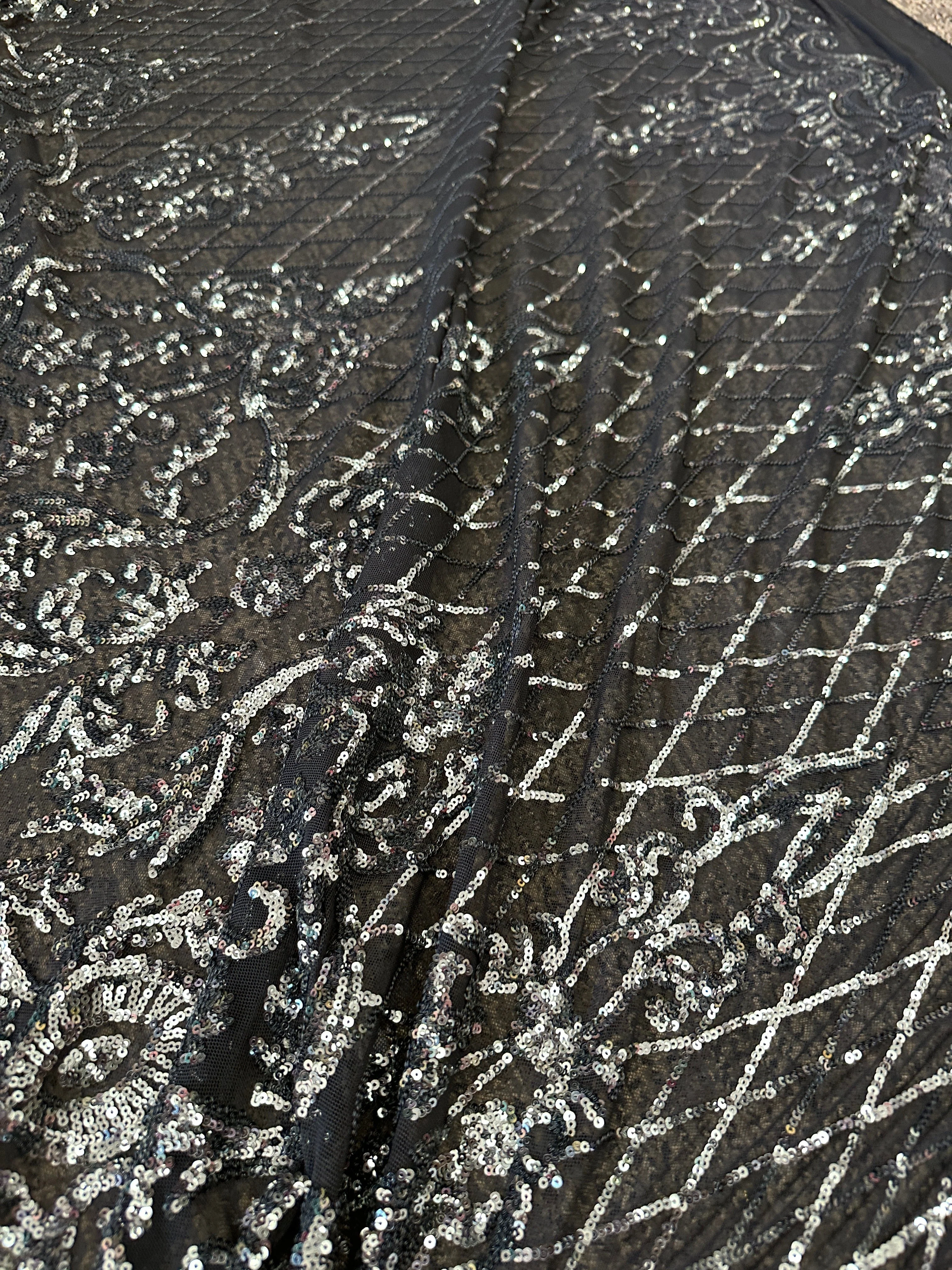Silver Embroidered Sequin On Black Mesh Lace - Image 6