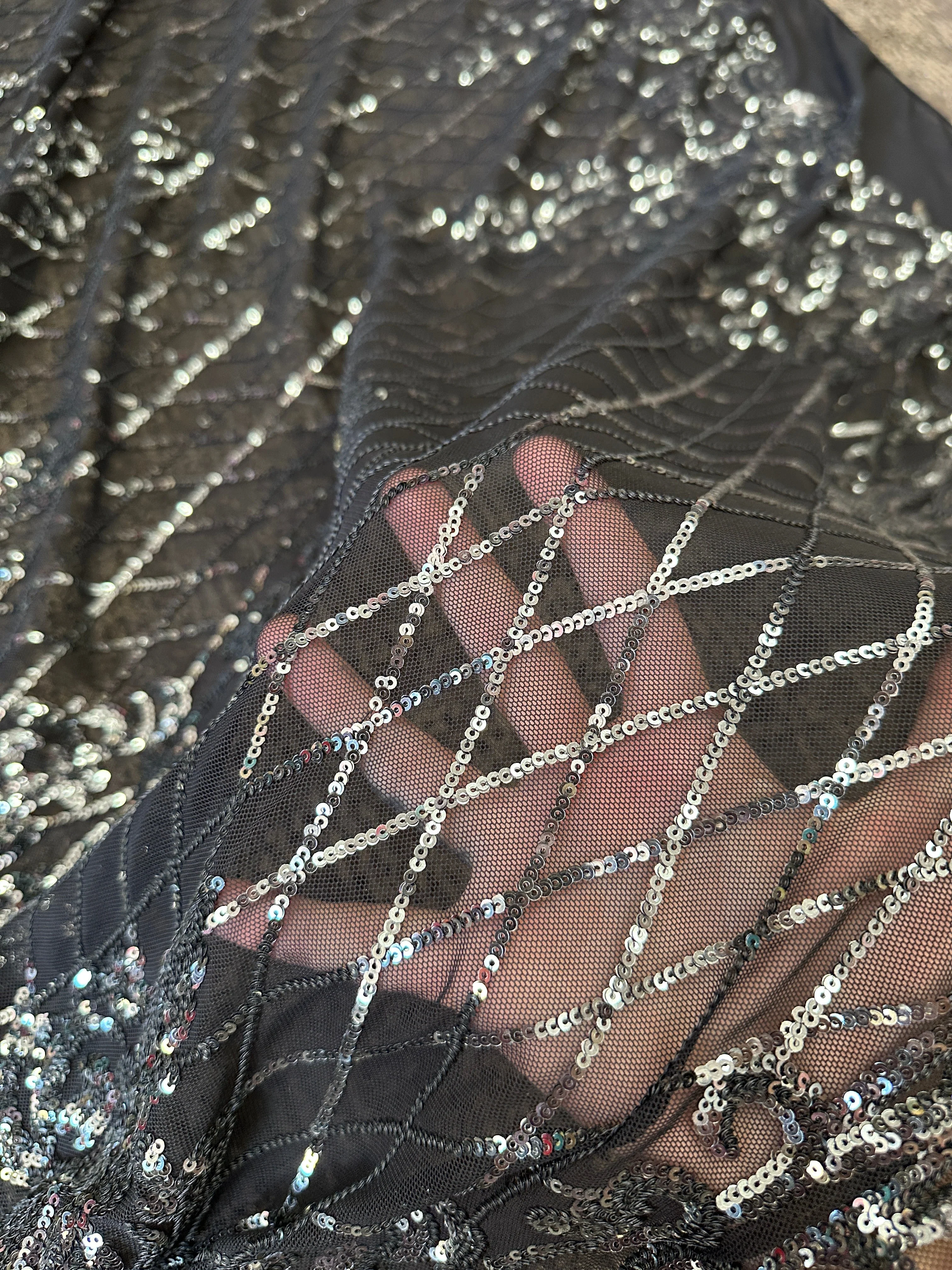 Silver Embroidered Sequin On Black Mesh Lace - Image 7