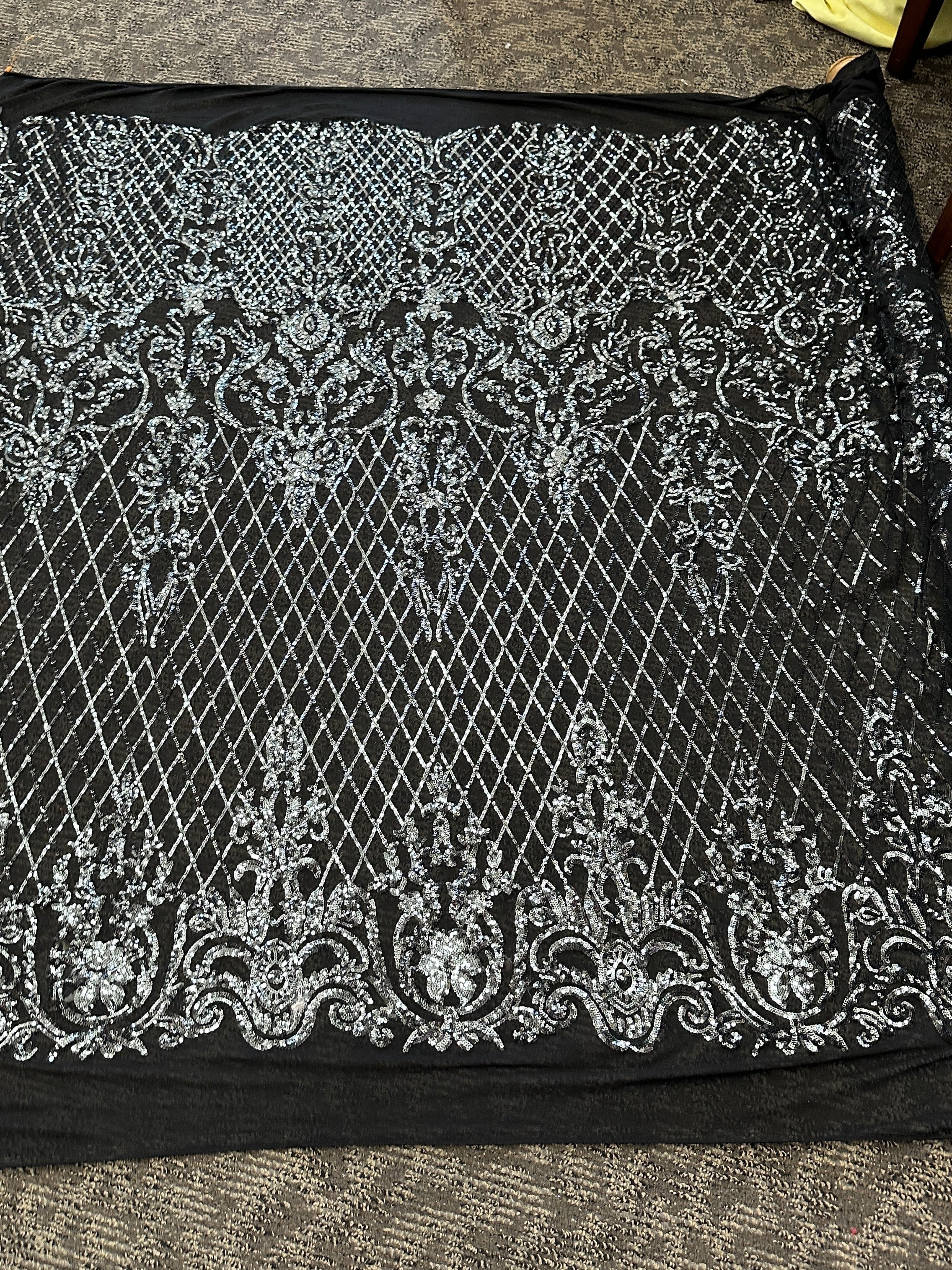 Silver Embroidered Sequin On Black Mesh Lace - Image 8