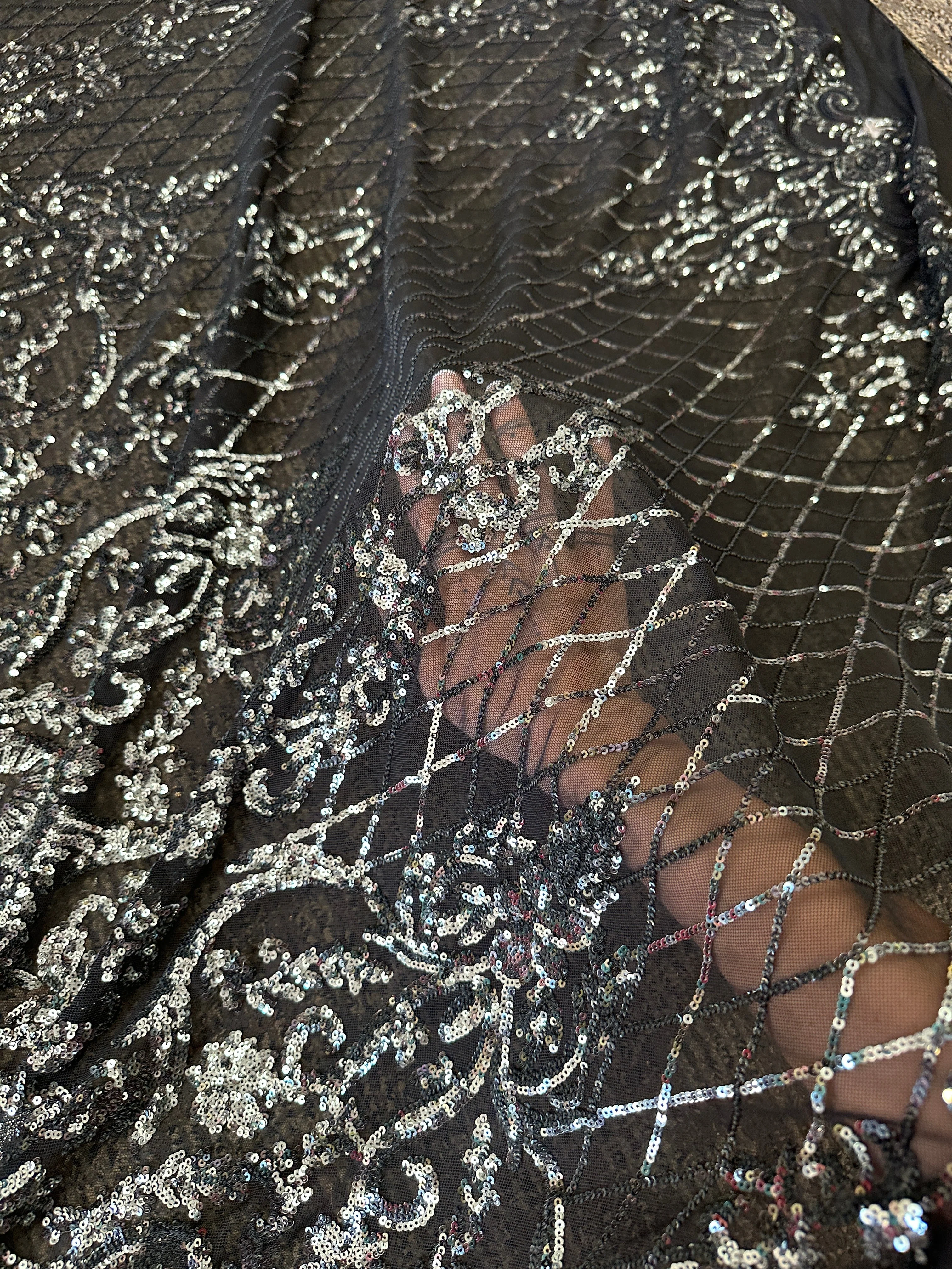 Silver Embroidered Sequin On Black Mesh Lace - Image 9