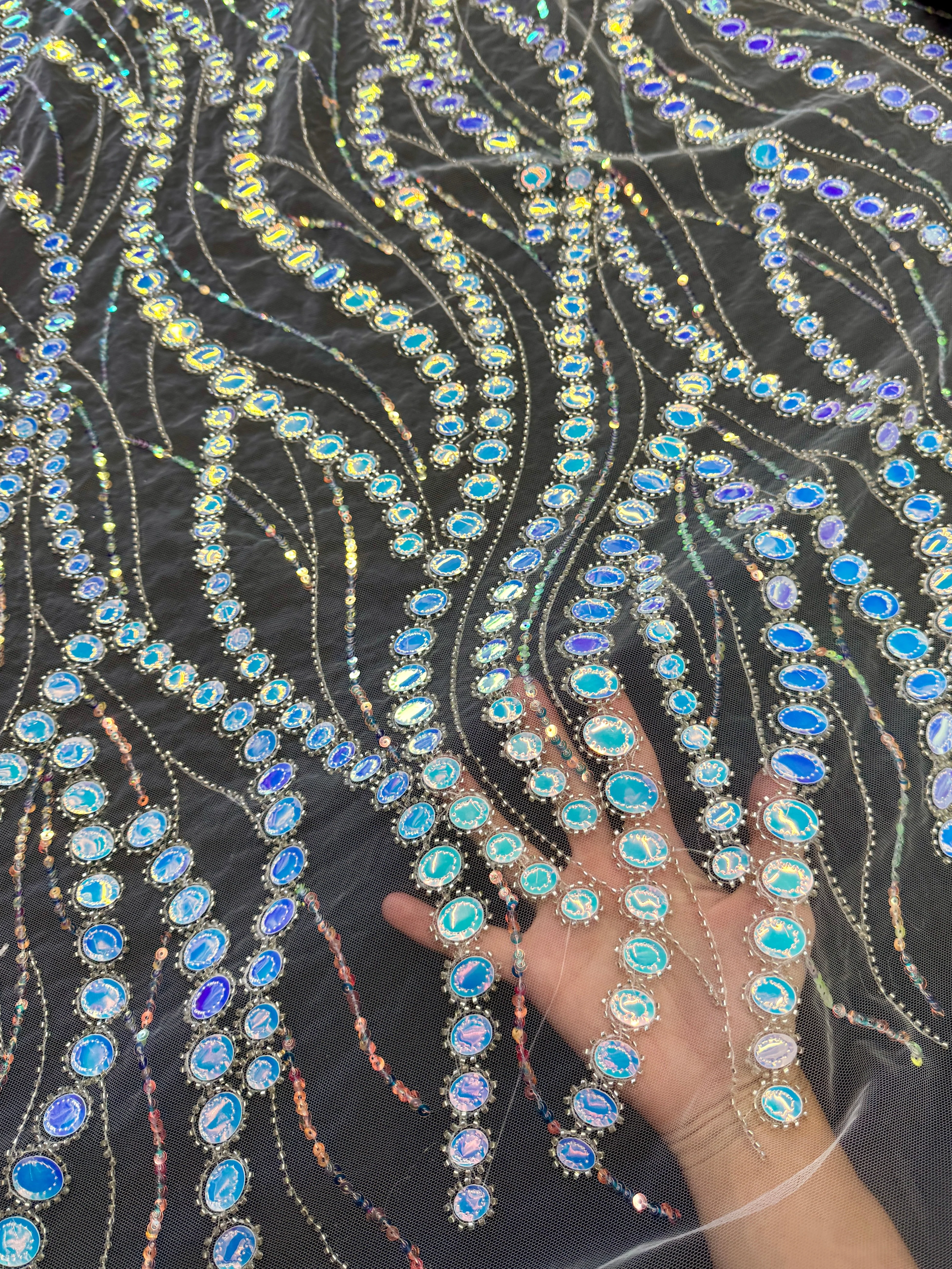Silver Iridescent Midnight Mirror Sequin Wave Lace