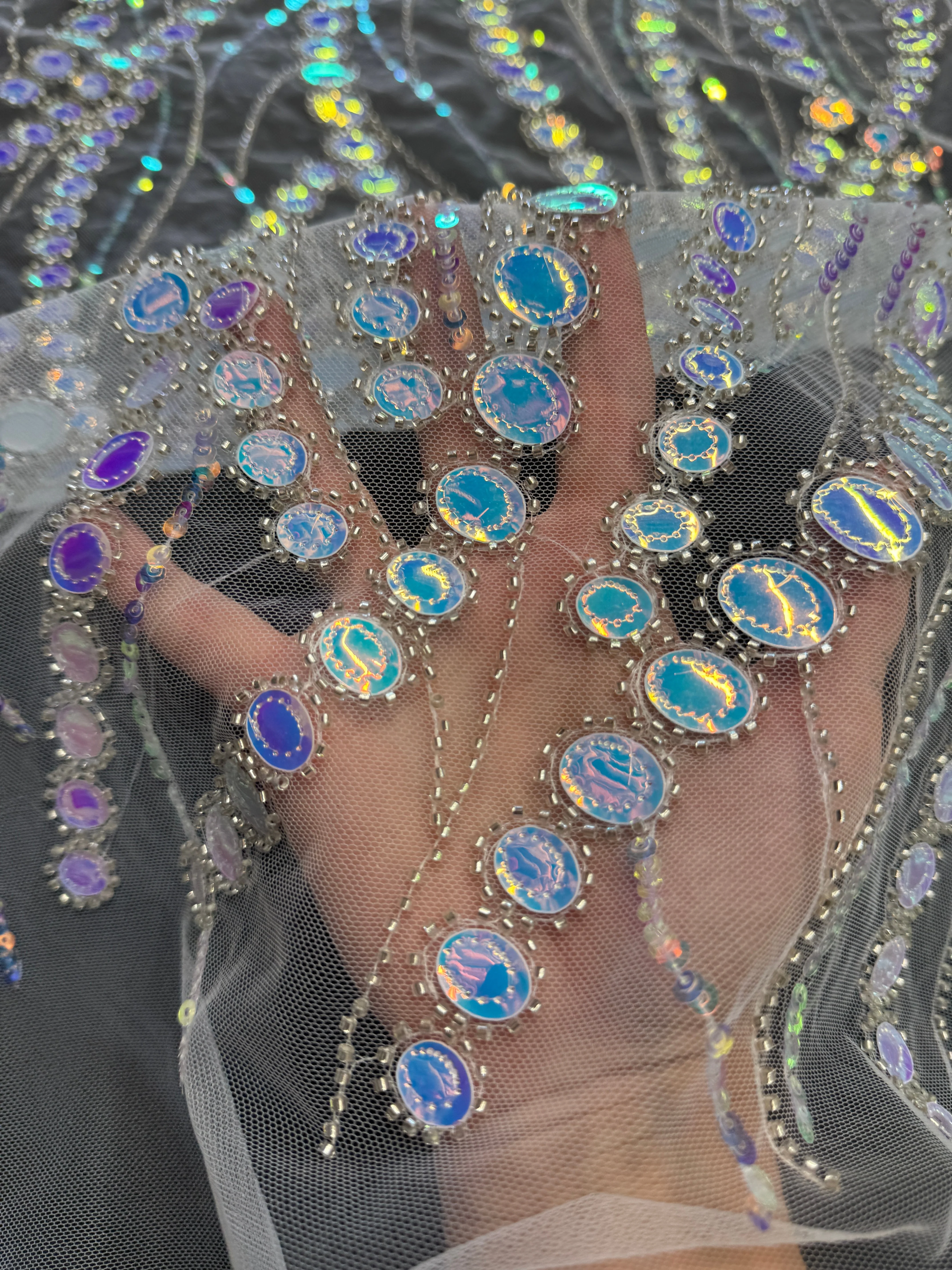 Silver Iridescent Midnight Mirror Sequin Wave Lace - Image 3
