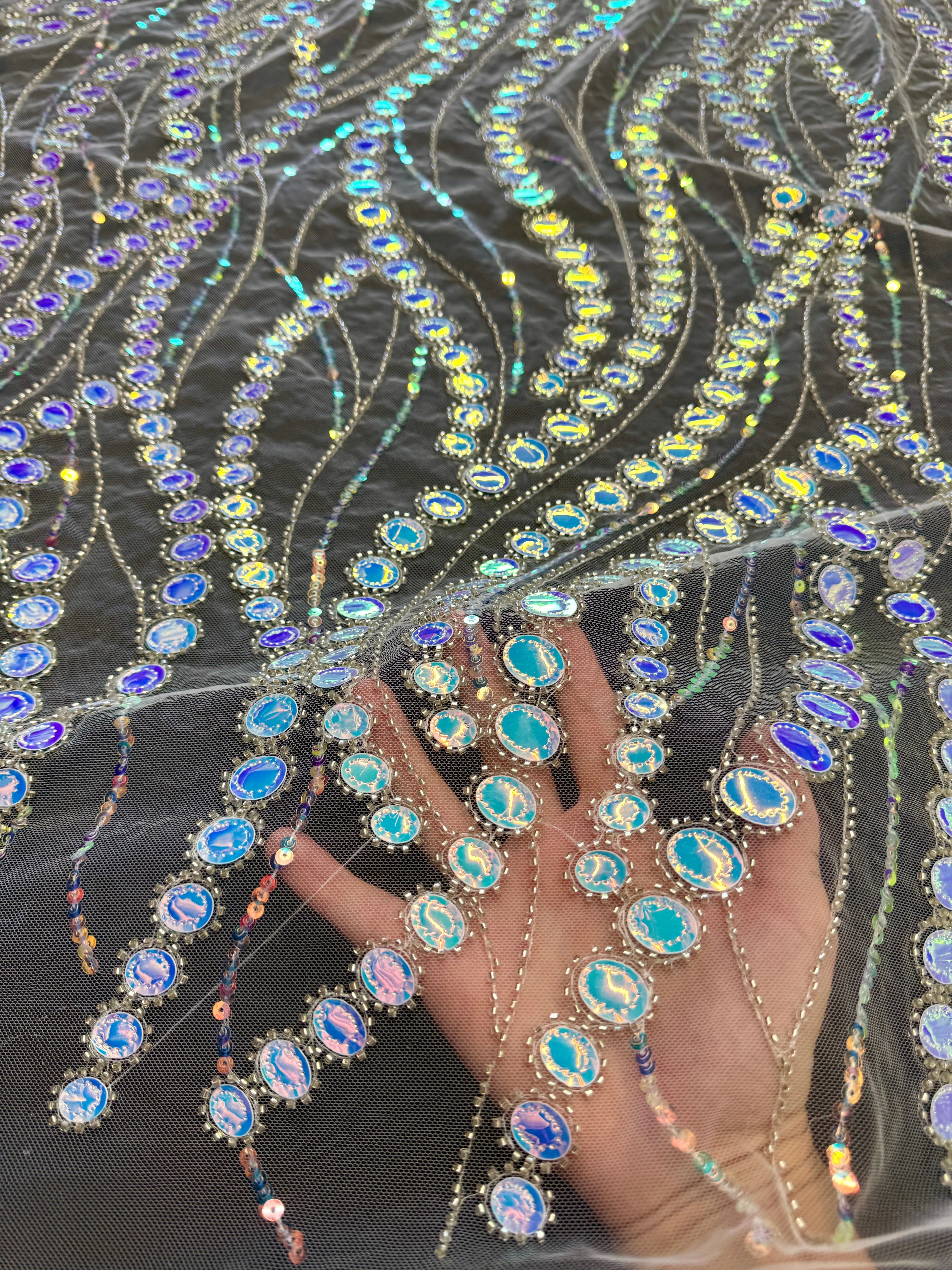 Silver Iridescent Midnight Mirror Sequin Wave Lace - Image 6