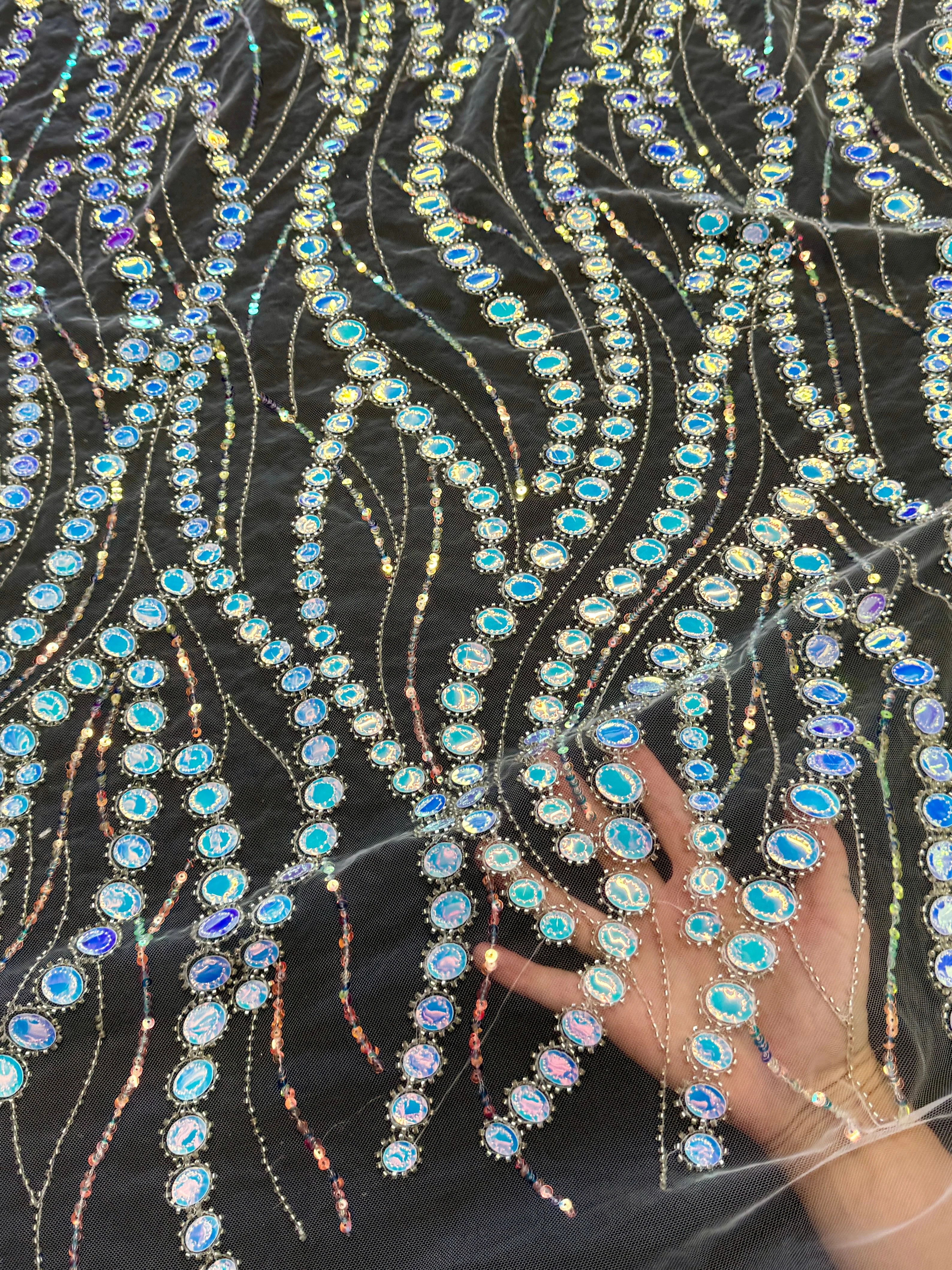 Silver Iridescent Midnight Mirror Sequin Wave Lace - Image 7