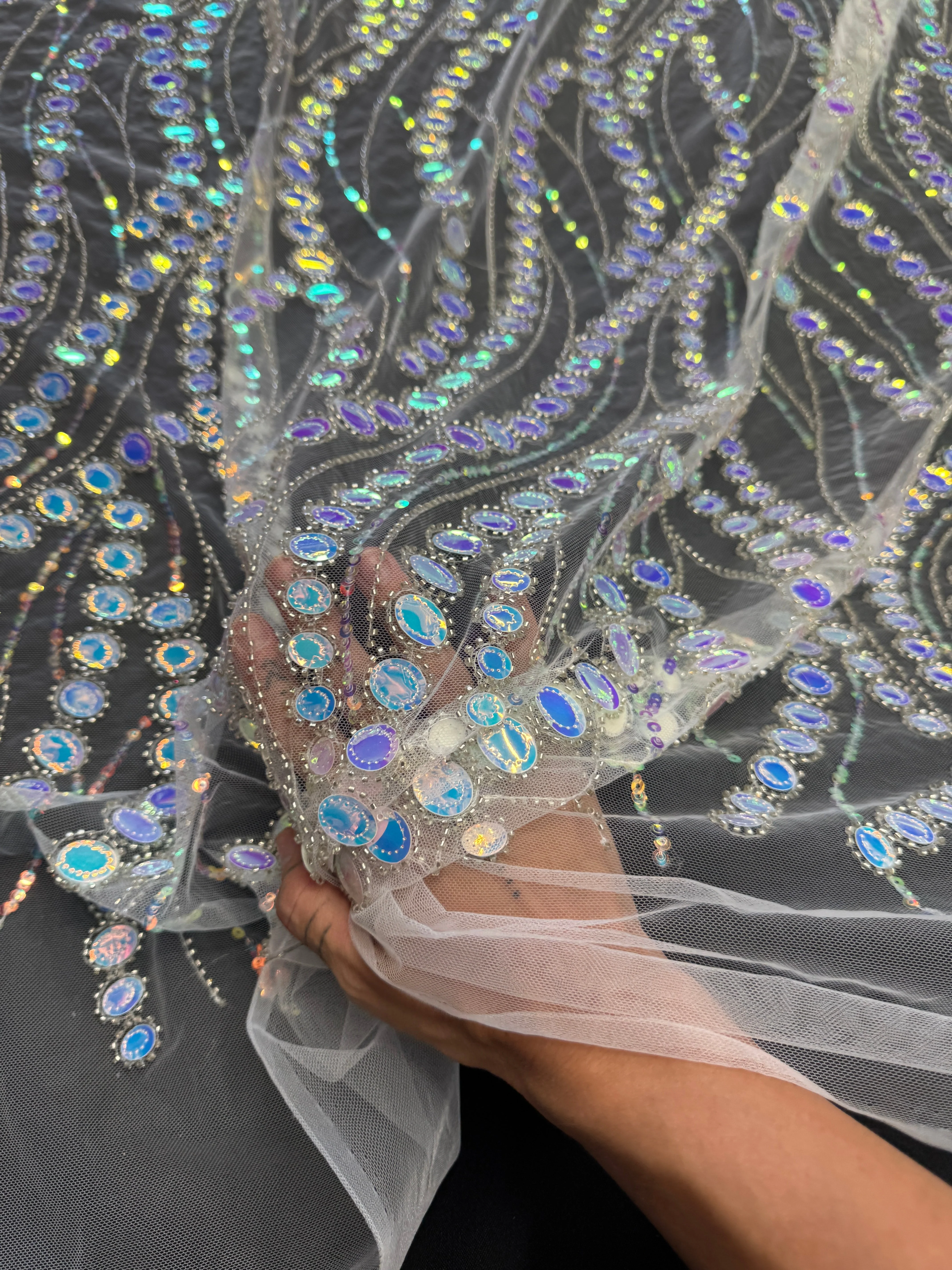 Silver Iridescent Midnight Mirror Sequin Wave Lace - Image 8