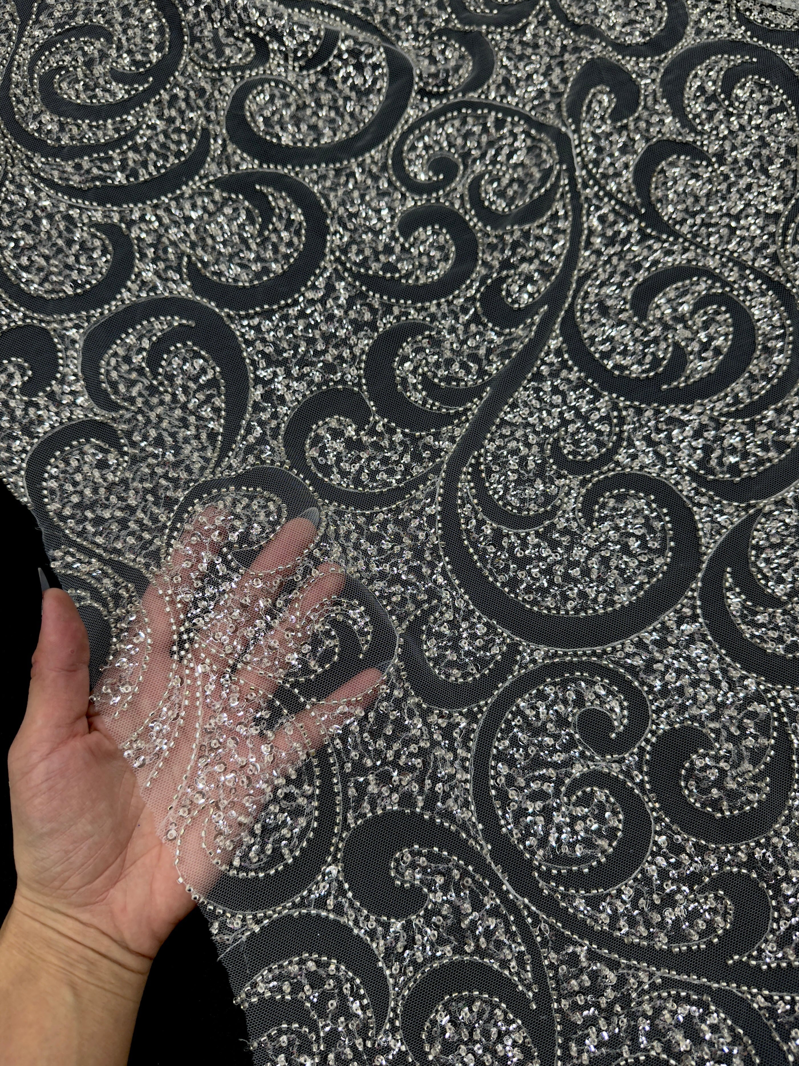 Silver Sequin Beaded Scroll Lace on Mesh