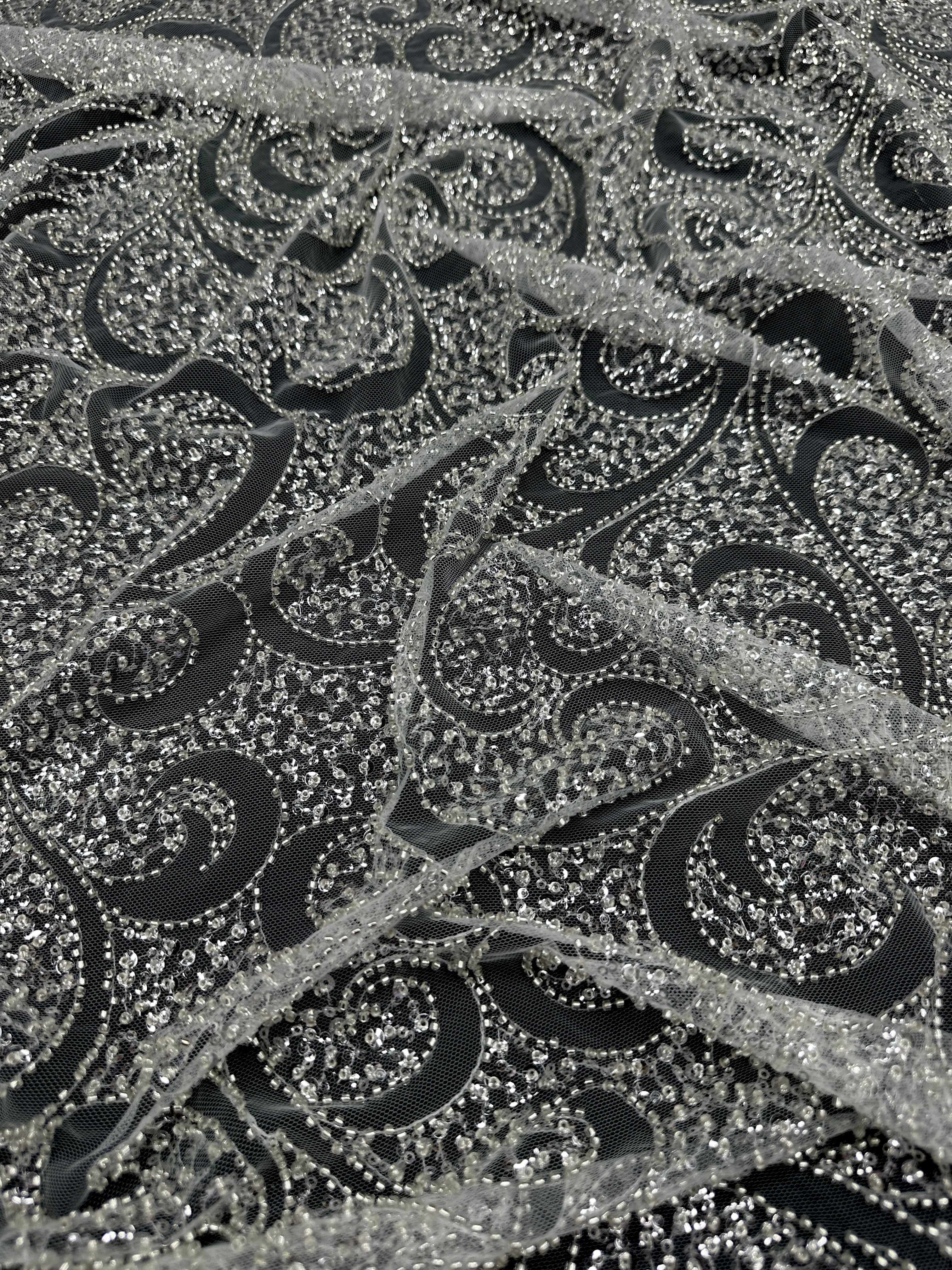Silver Sequin Beaded Scroll Lace on Mesh - Image 2
