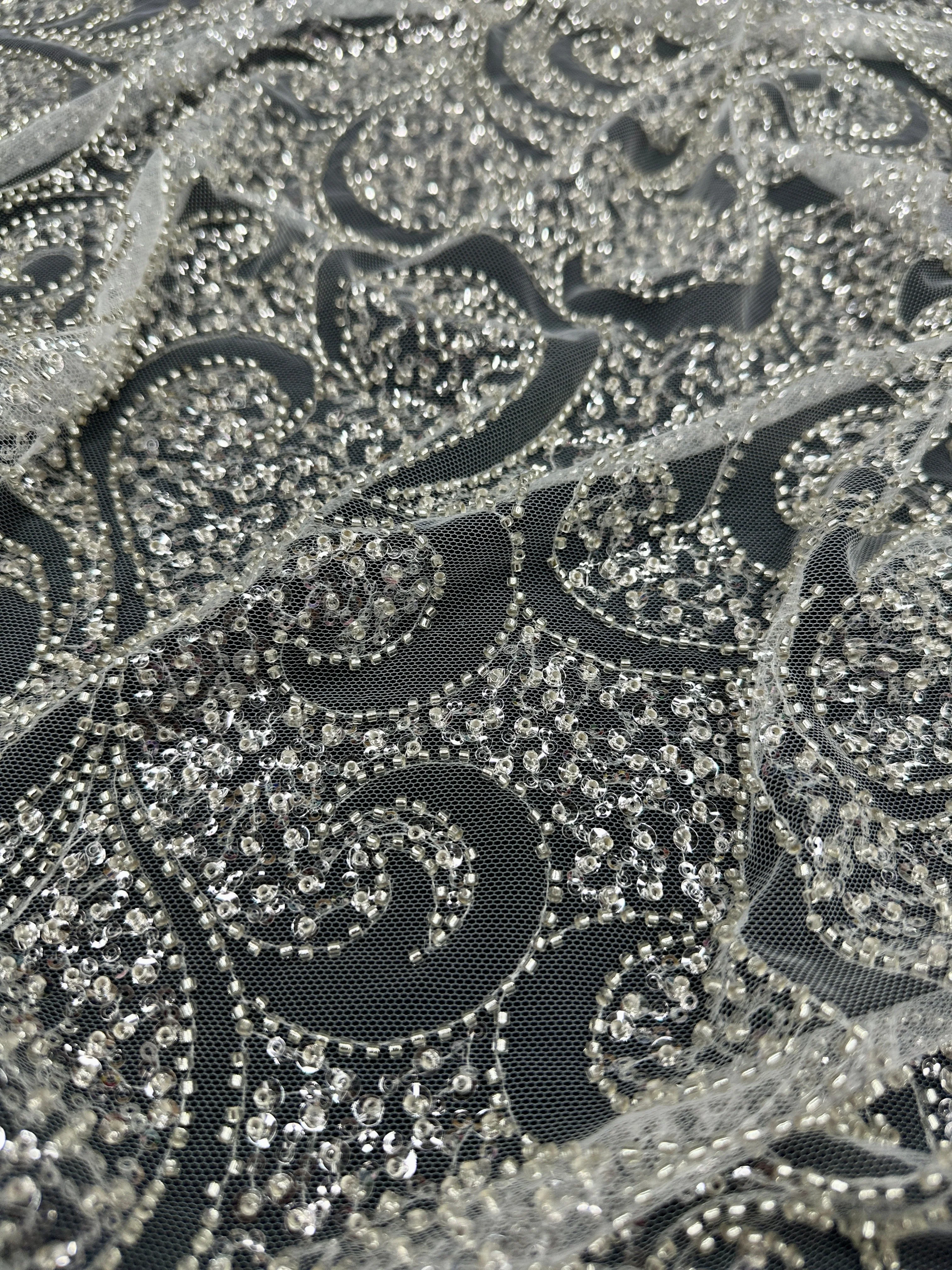 Silver Sequin Beaded Scroll Lace on Mesh - Image 3